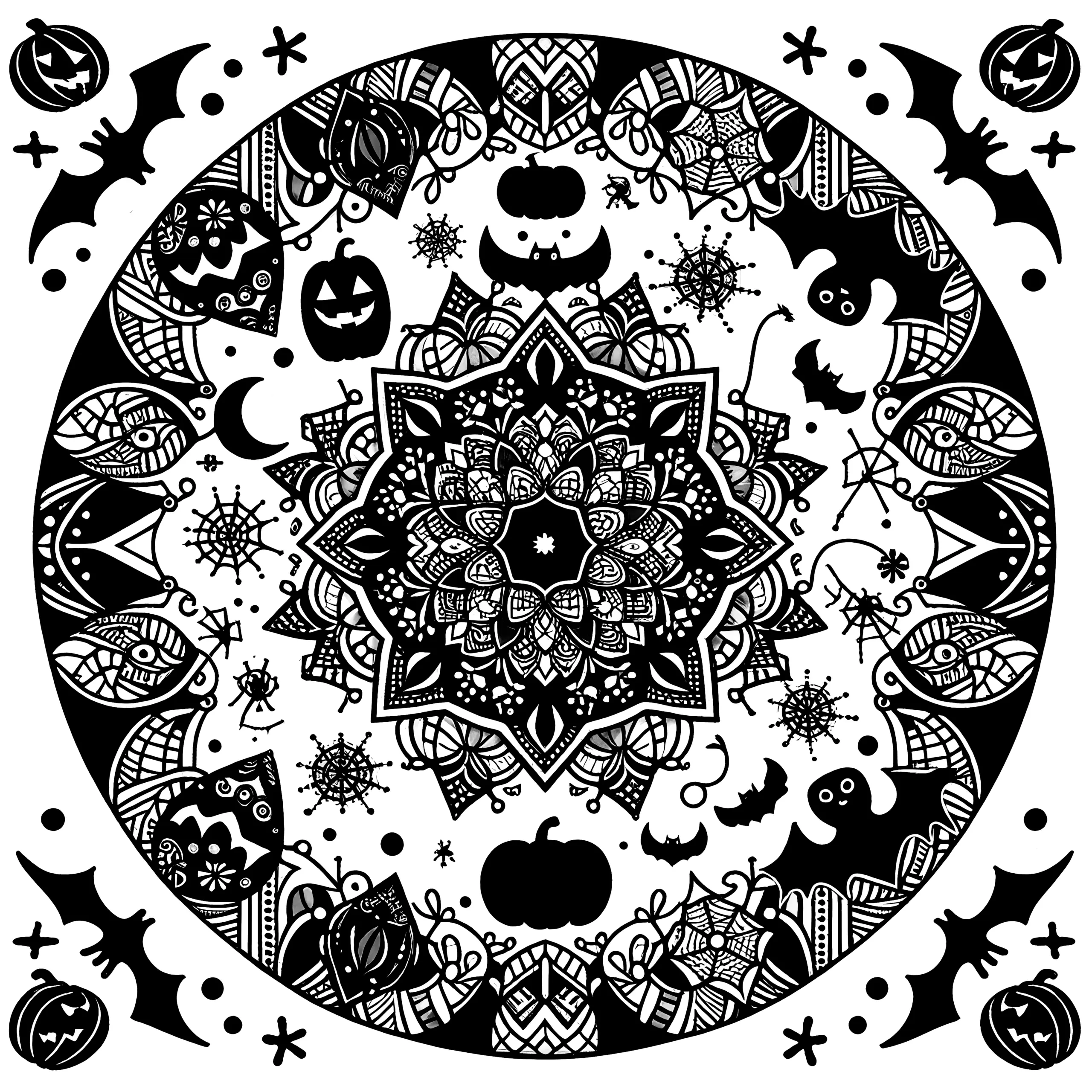 Halloween-Mandala: Mit Kürbissen und Fledermäusen zum Ausmalen für Erwachsene (Gratis) (Ausmalbild)