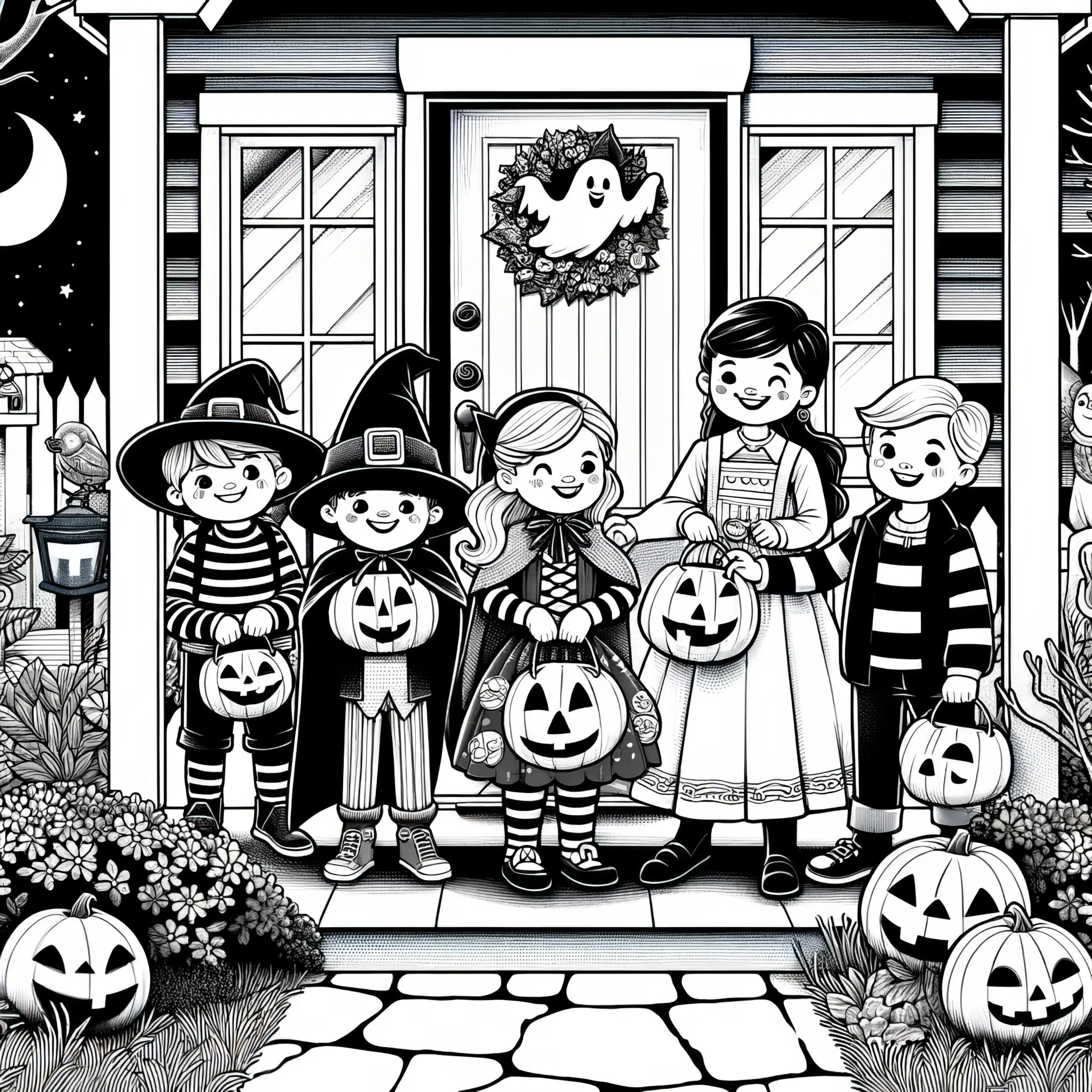 Halloween-Party einer Familie vor dem Haus: Ausmalbild kostenlos zum Download