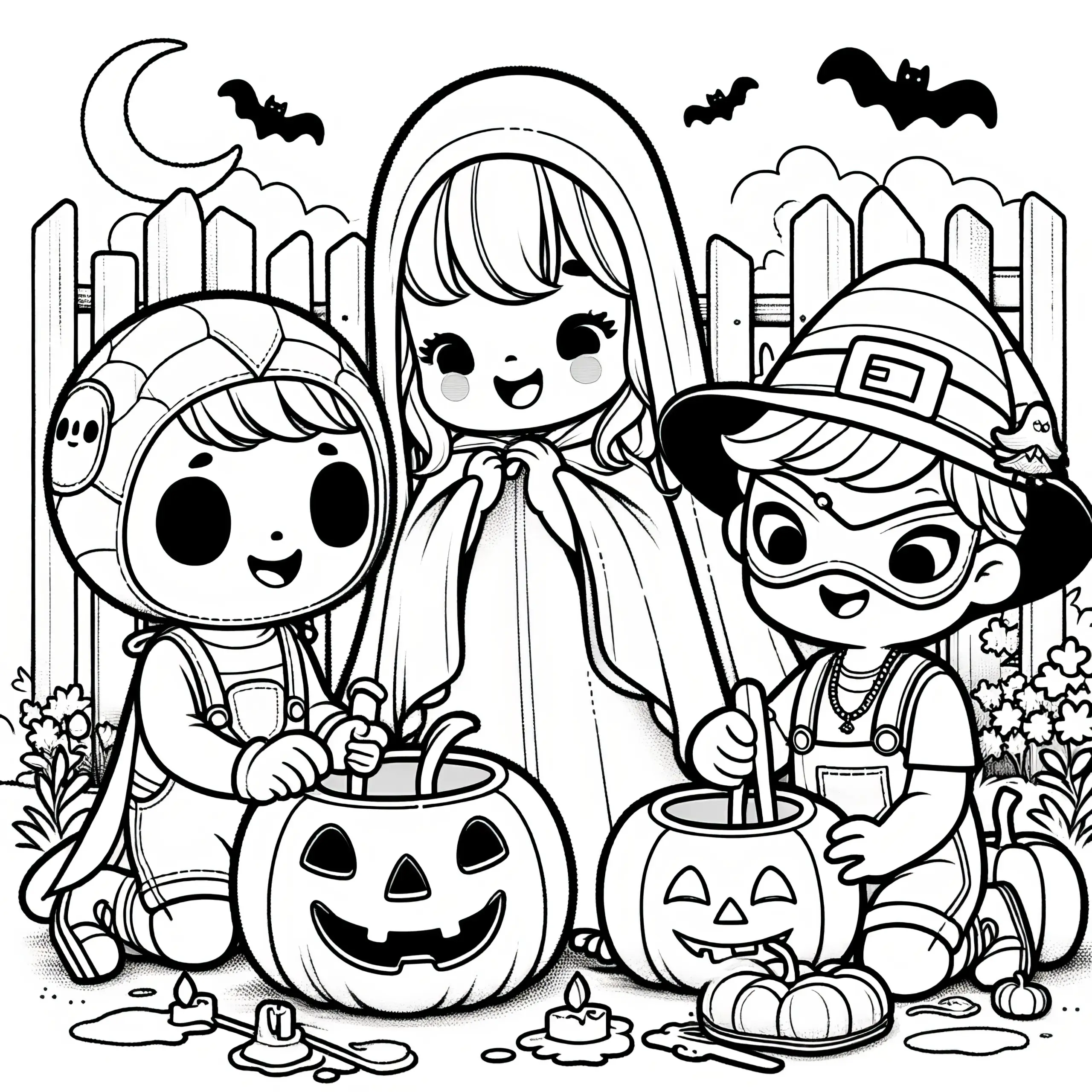 Halloween-Party im Garten: Bild zum Ausmalen (Gratis) (Ausmalbild)