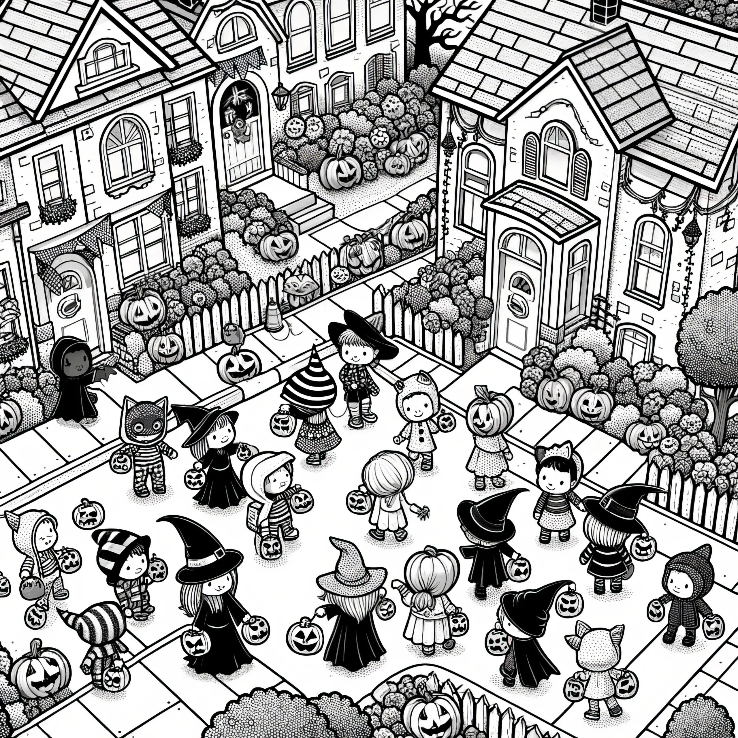 Halloween-Party in der Stadt: Malvorlage (Kostenlos) (Ausmalbild)