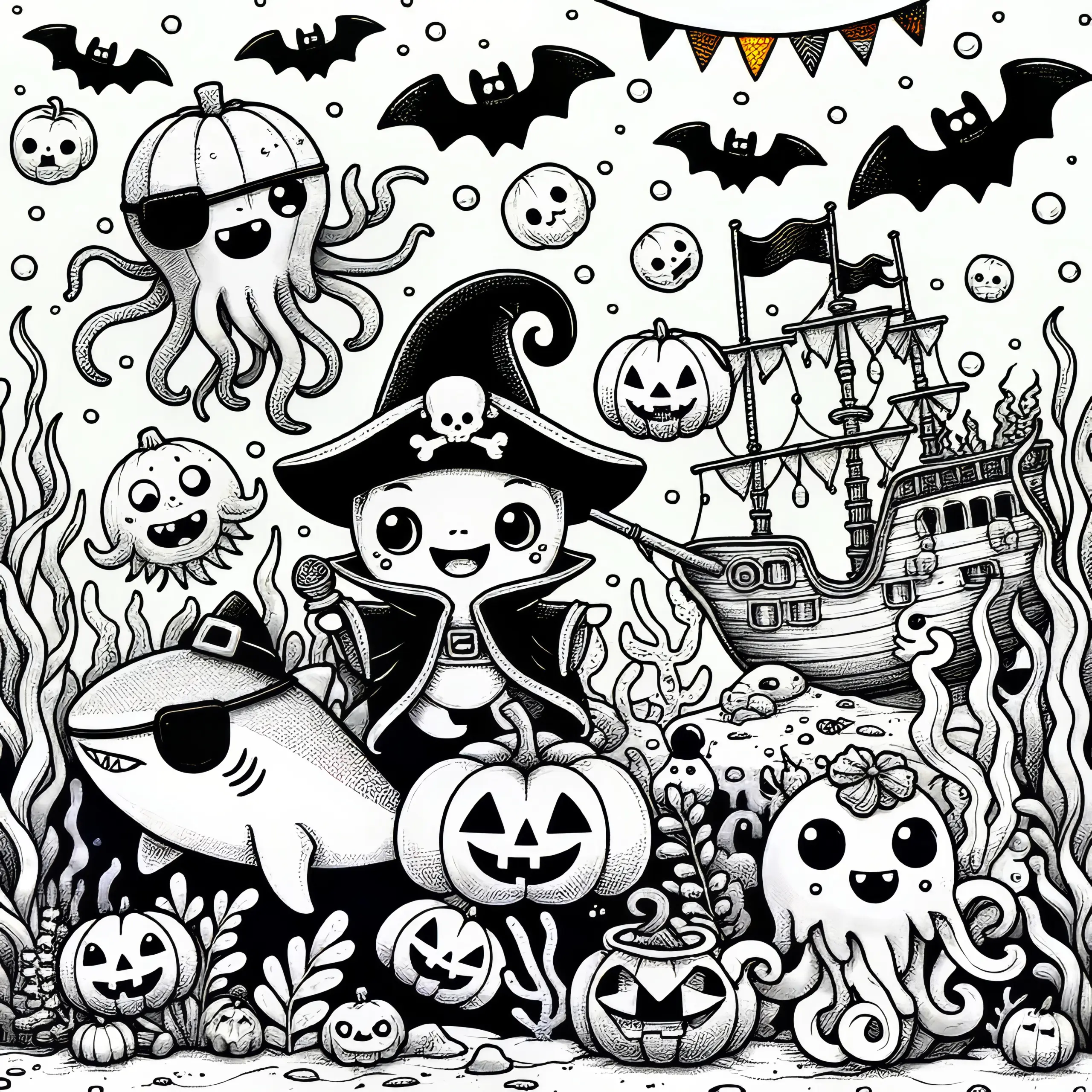 Halloween-Party unter Wasser mit Pirat und Kürbissen (Kostenlos) (Ausmalbild)