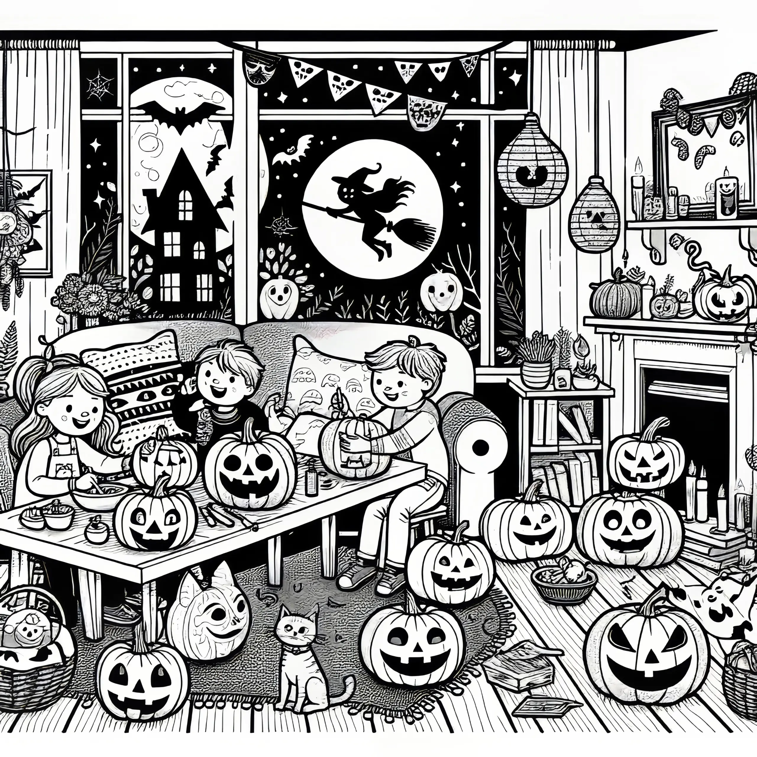 Halloween-Party zu Hause mit Kürbissen: Kostenlose Malvorlage zum Download (Ausmalbild)