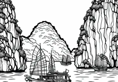Halong-Bucht in Vietnam mit Booten zwischen Felsen – Malvorlage für Asien kostenlos