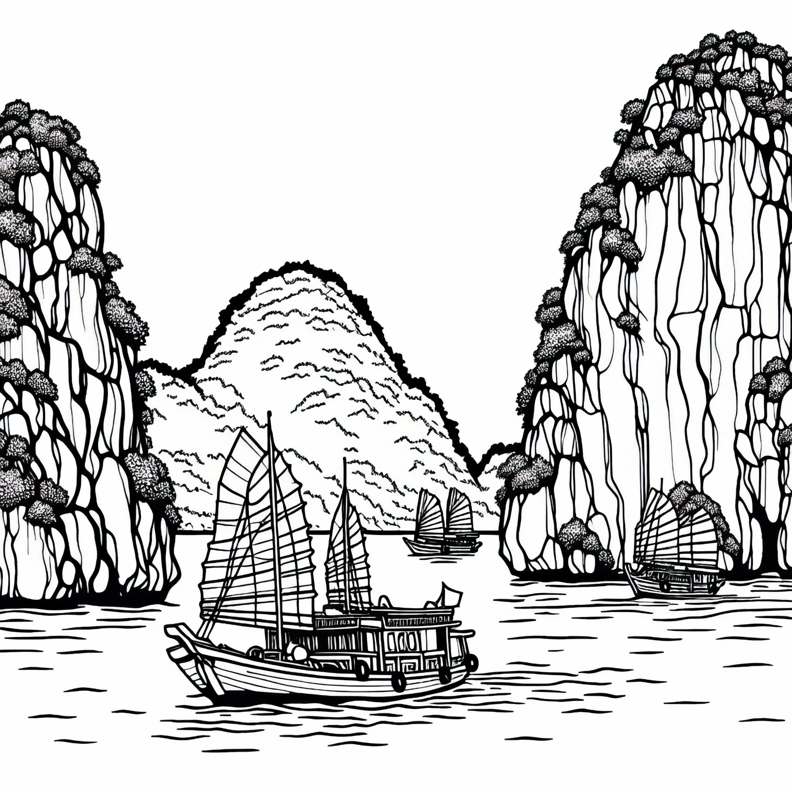 Halong-Bucht in Vietnam mit Booten zwischen Felsen – Malvorlage für Asien kostenlos (Ausmalbild)