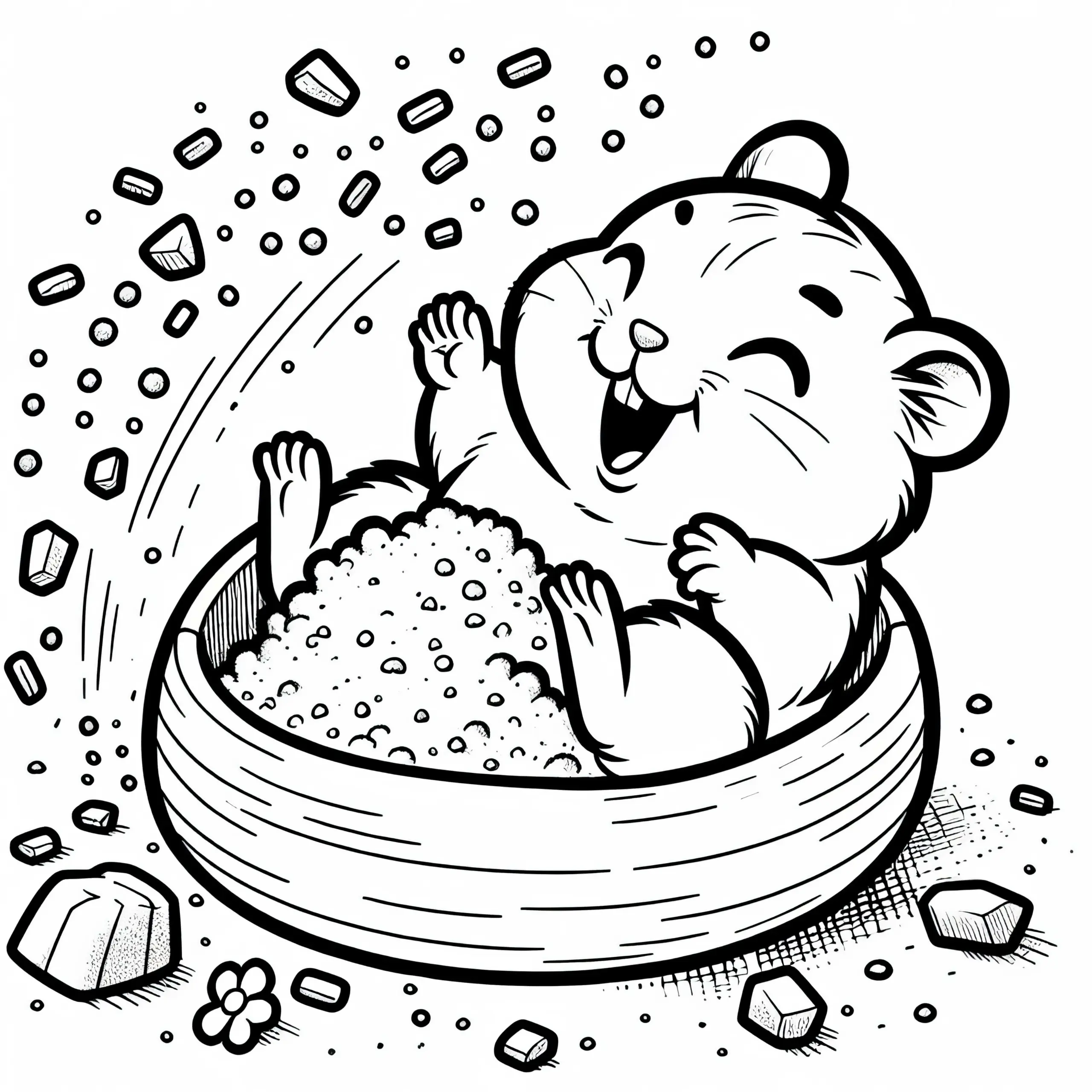 Hamster badet im Sandbad – Ausmalbild kostenlos