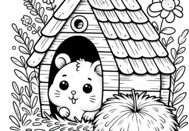 Hamster schaut aus Häuschen – Malvorlage kostenlos