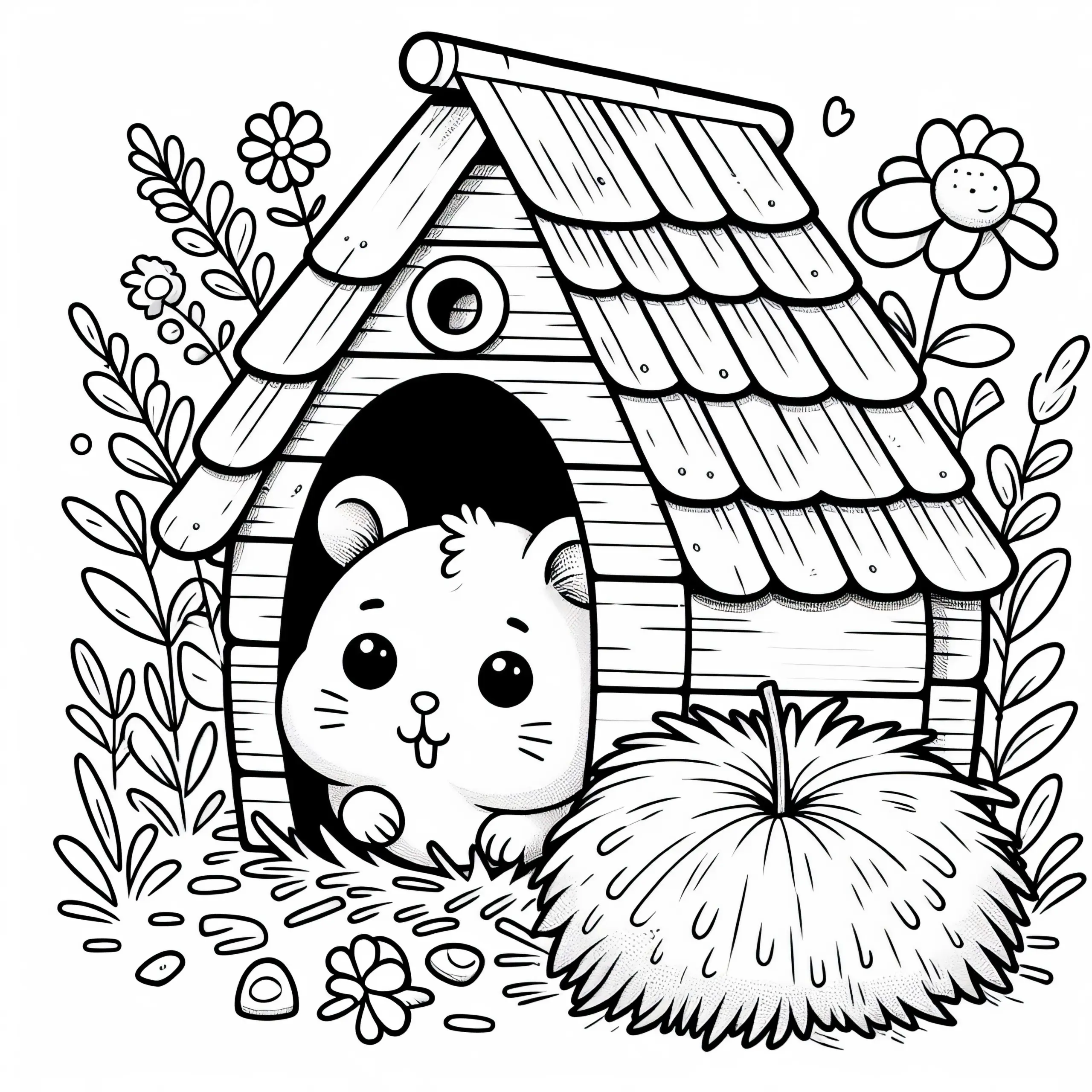 Hamster schaut aus Häuschen – Malvorlage kostenlos (Ausmalbild)