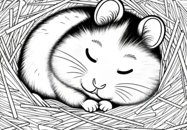 Hamster schläft eingerollt im Nest aus Heu – Ausmalbild gratis