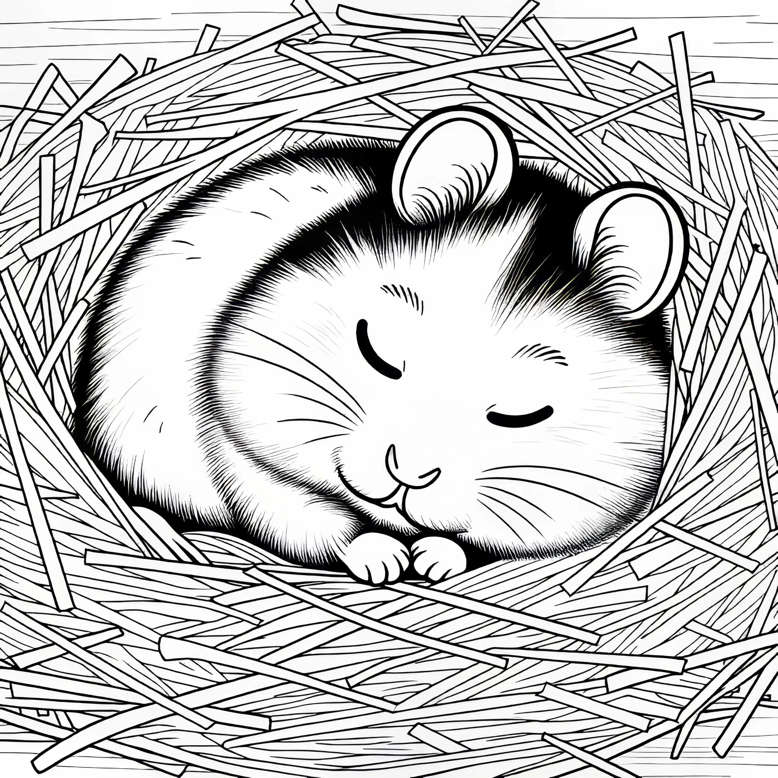 Hamster schläft eingerollt im Nest aus Heu – Ausmalbild gratis
