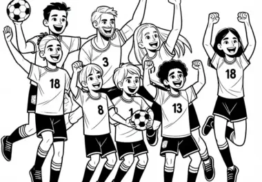 Handball-Team jubelt nach erfolgreichem Spielzug – Ausmalbild kostenlos