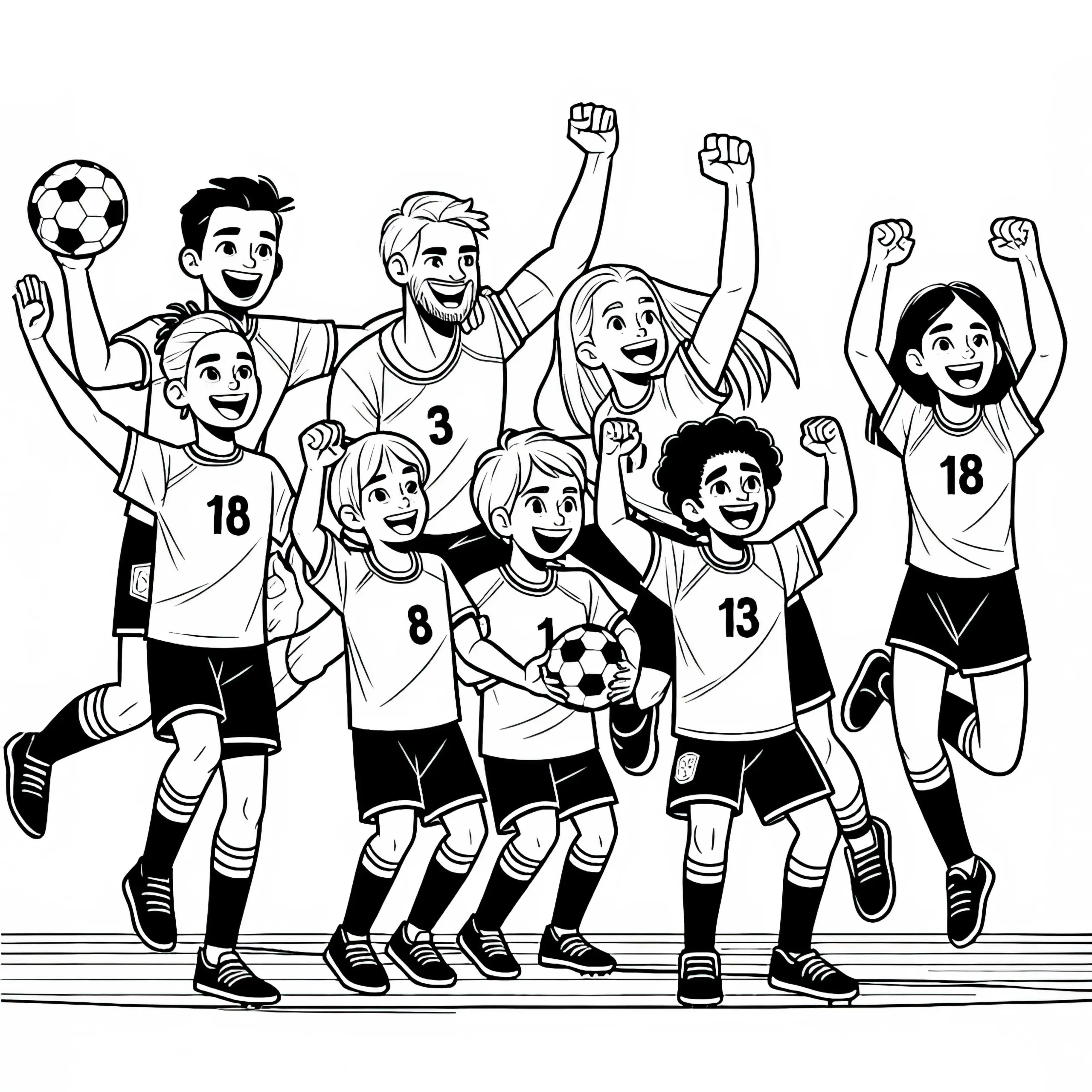 Handball-Team jubelt nach erfolgreichem Spielzug – Ausmalbild kostenlos