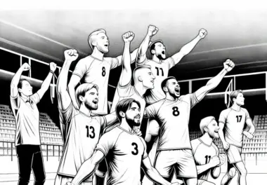 Handball-Team jubelt nach dem Spiel – Ausmalbild (detailreich, gratis)