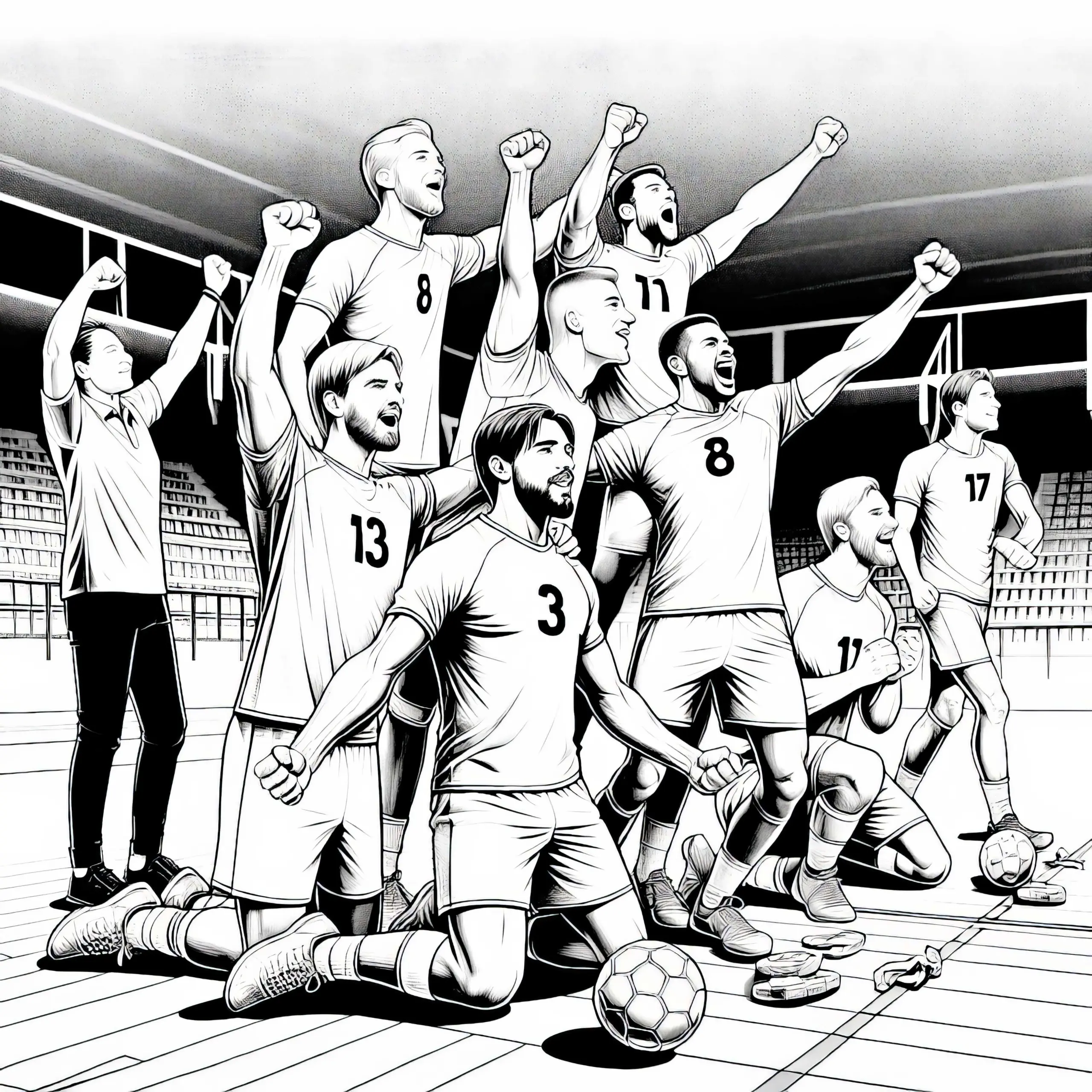 Handball-Team jubelt nach dem Spiel – Ausmalbild (detailreich, gratis)
