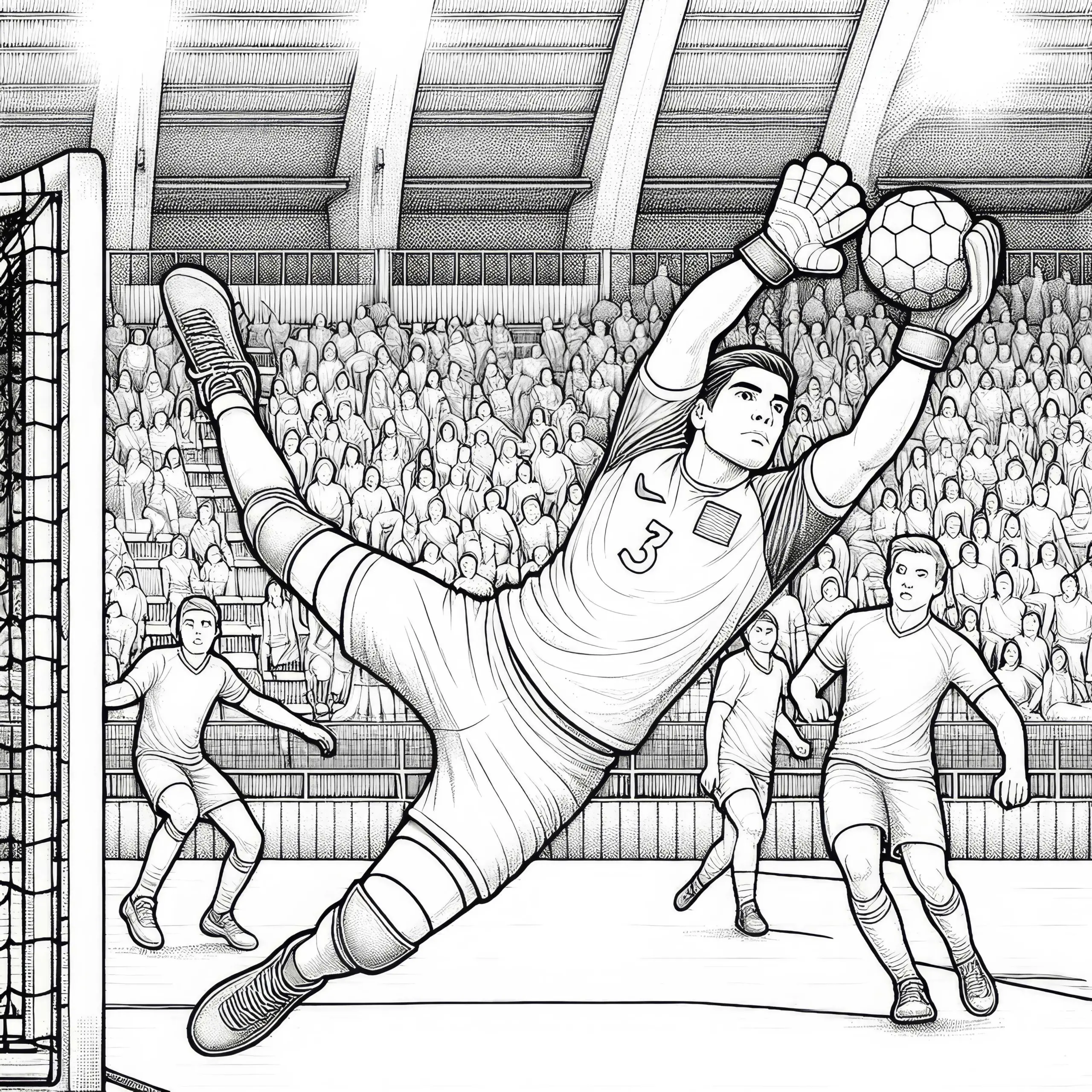 Handballtorwart macht Parade – Ausmalbild detailreich gratis