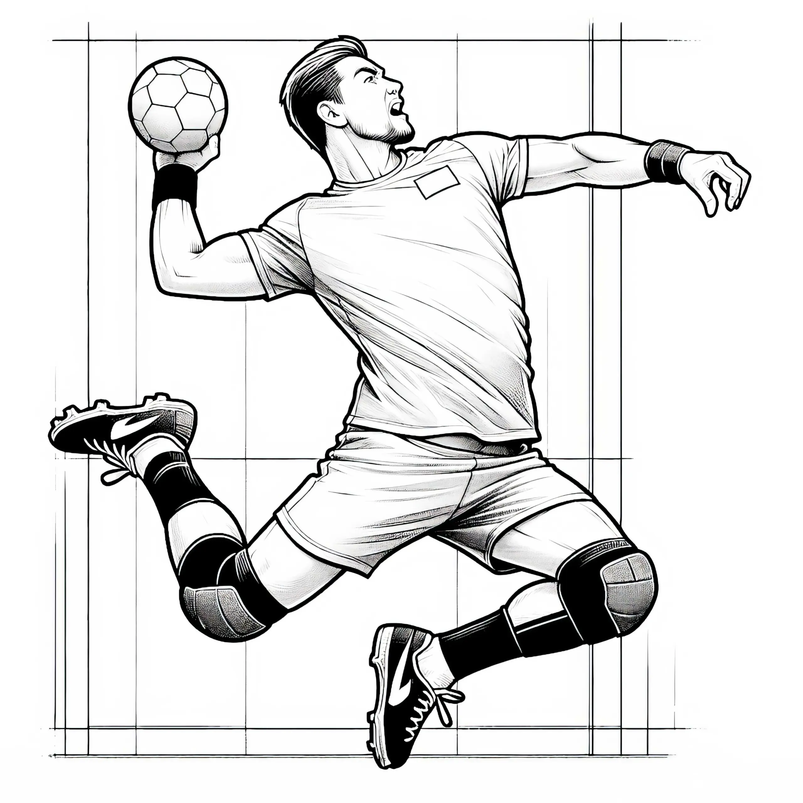 Handballer wirft Ball mit voller Kraft – Ausmalbild für Kinder