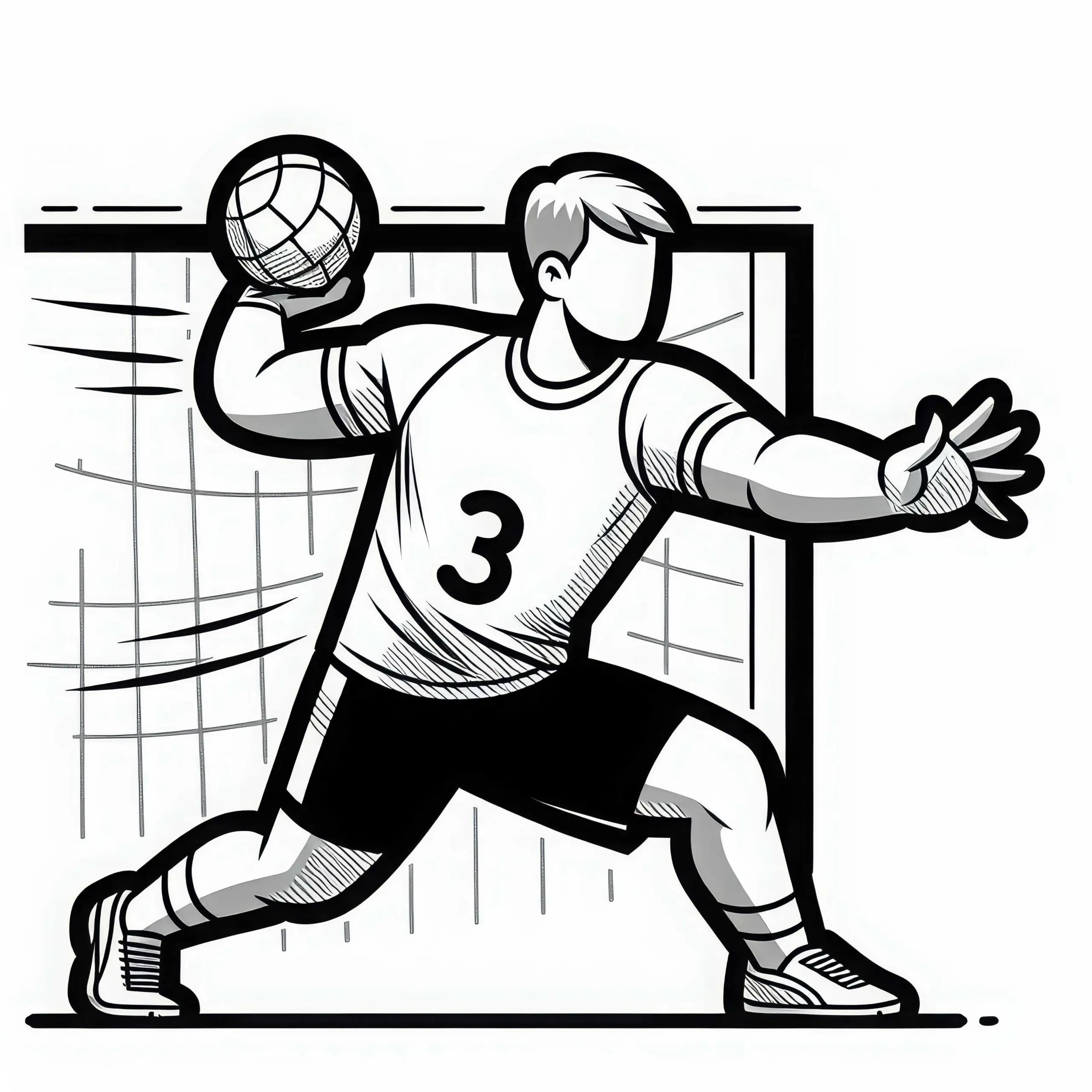 Handballer wirft Ball mit voller Kraft – Ausmalbild gratis