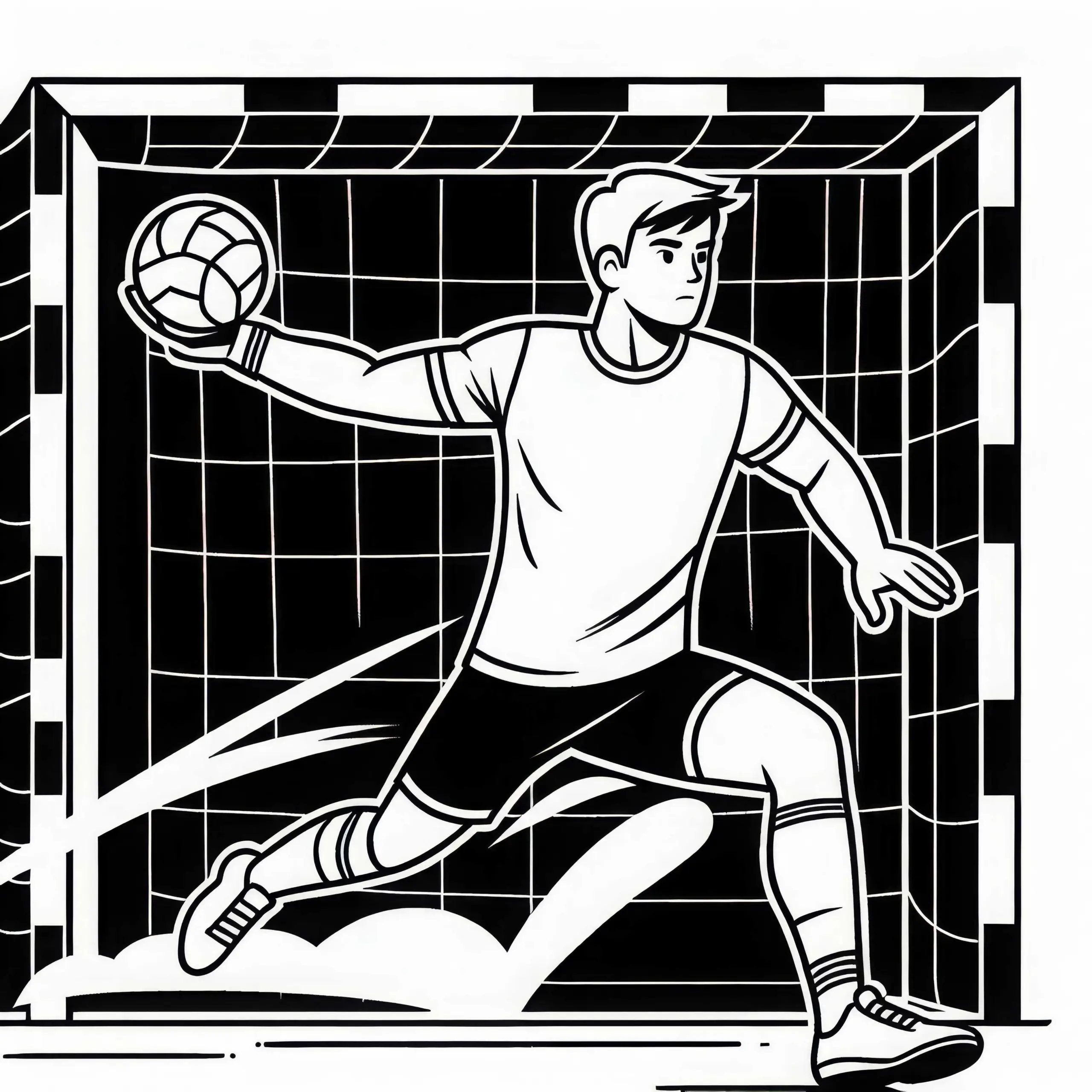 Handballer wirft Ball mit voller Kraft – Malvorlage kostenlos (Ausmalbild)
