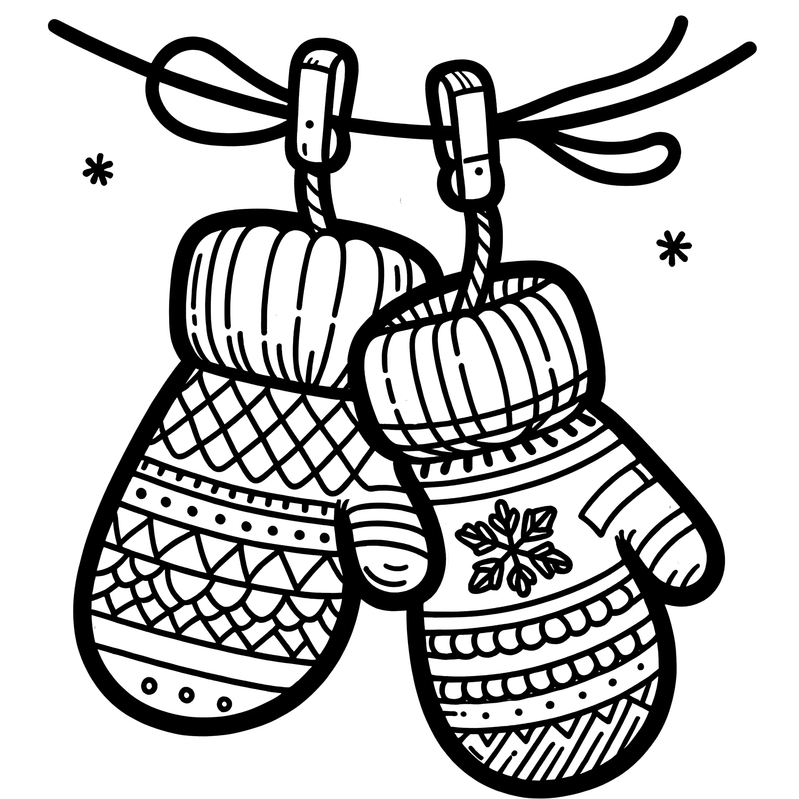 Handschuhe an der Leine: Weihnachtsmotiv zum Ausmalen (Ausmalbild)