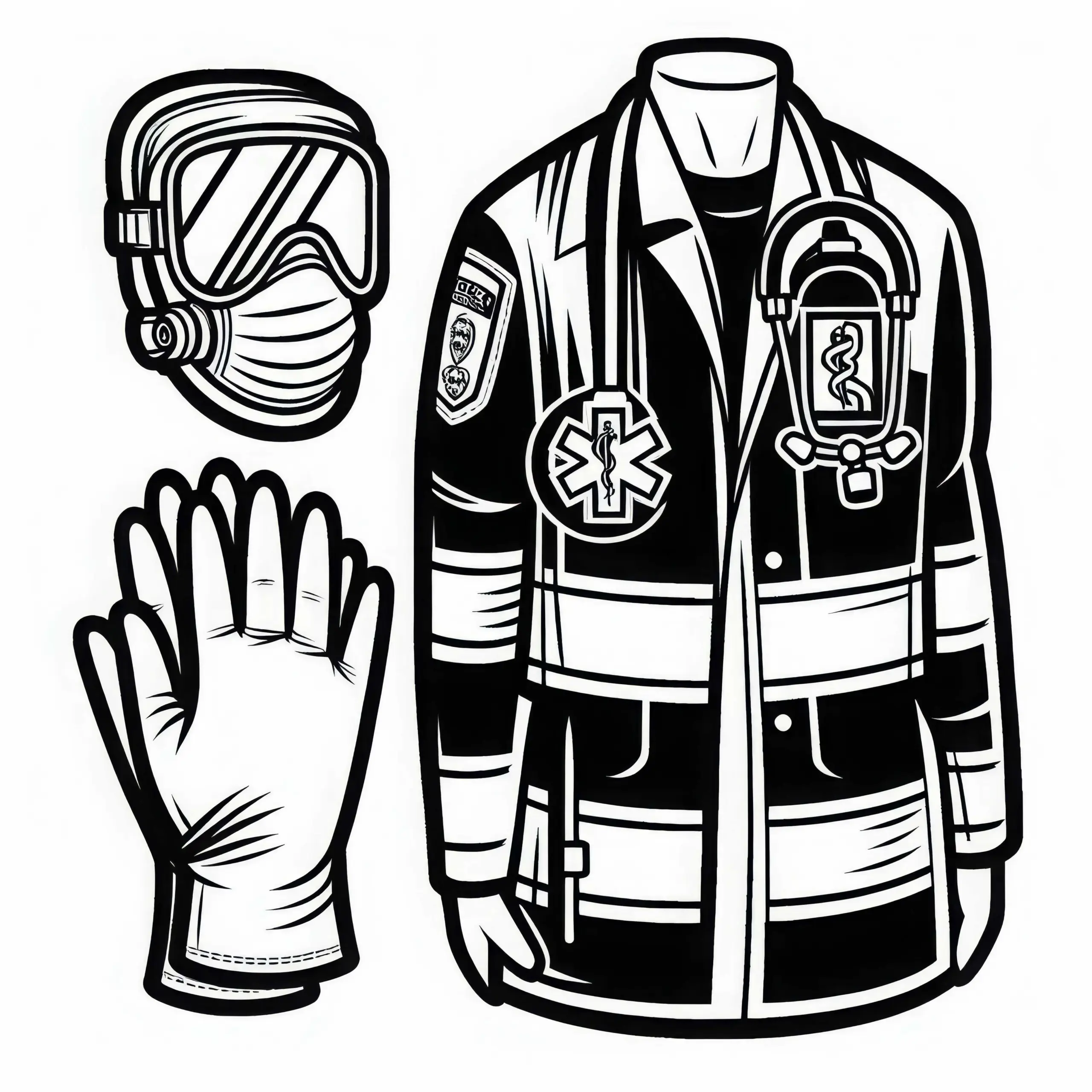 Handschuhe und Schutzmaske für Rettungssanitäter – Malvorlage Kostenlos (Ausmalbild)