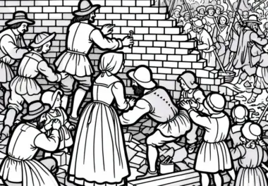 Handwerkern, die die zerstörte Mauer wieder aufbauen – Malvorlage zum dreißigjährigen Krieg