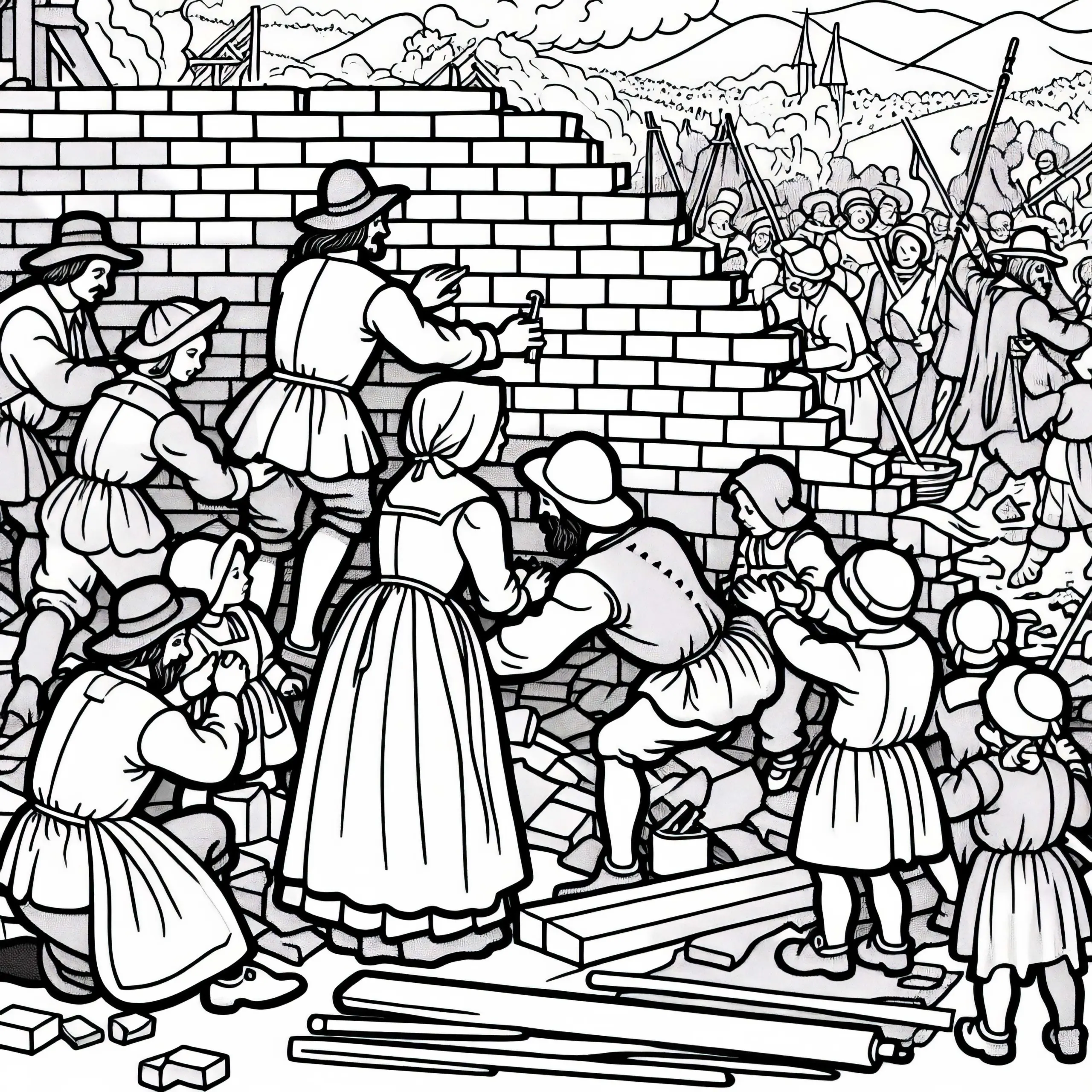 Handwerkern, die die zerstörte Mauer wieder aufbauen – Malvorlage zum dreißigjährigen Krieg (Ausmalbild)