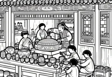 Handwerksstand: Kinder beim Teeschalen bemalen – Malvorlage Altes China kostenlos