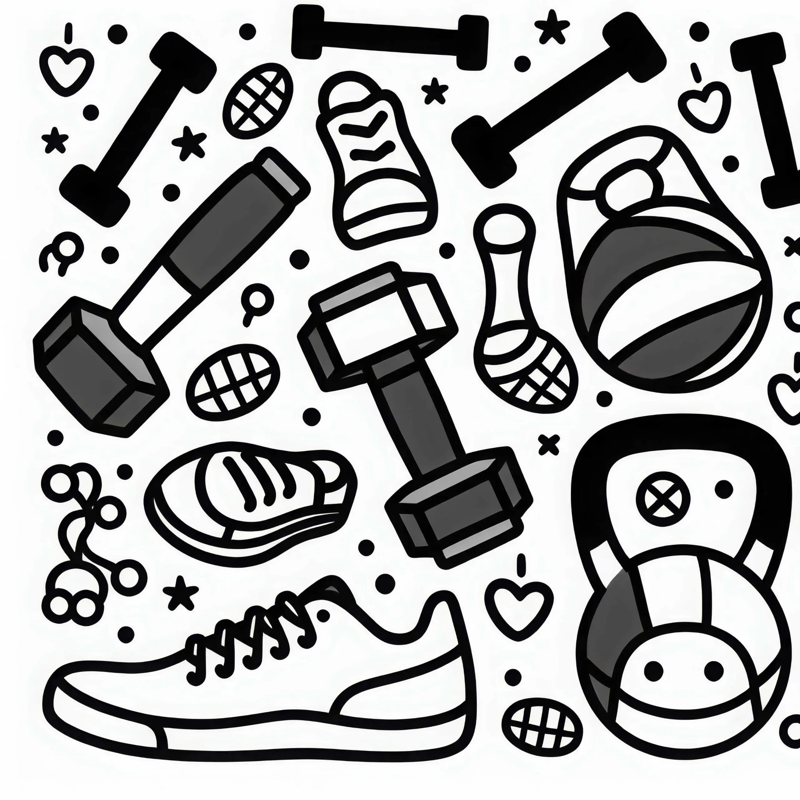 Hanteln und Kettlebells für Fitness – Malvorlage einfach kostenlos (Ausmalbild)
