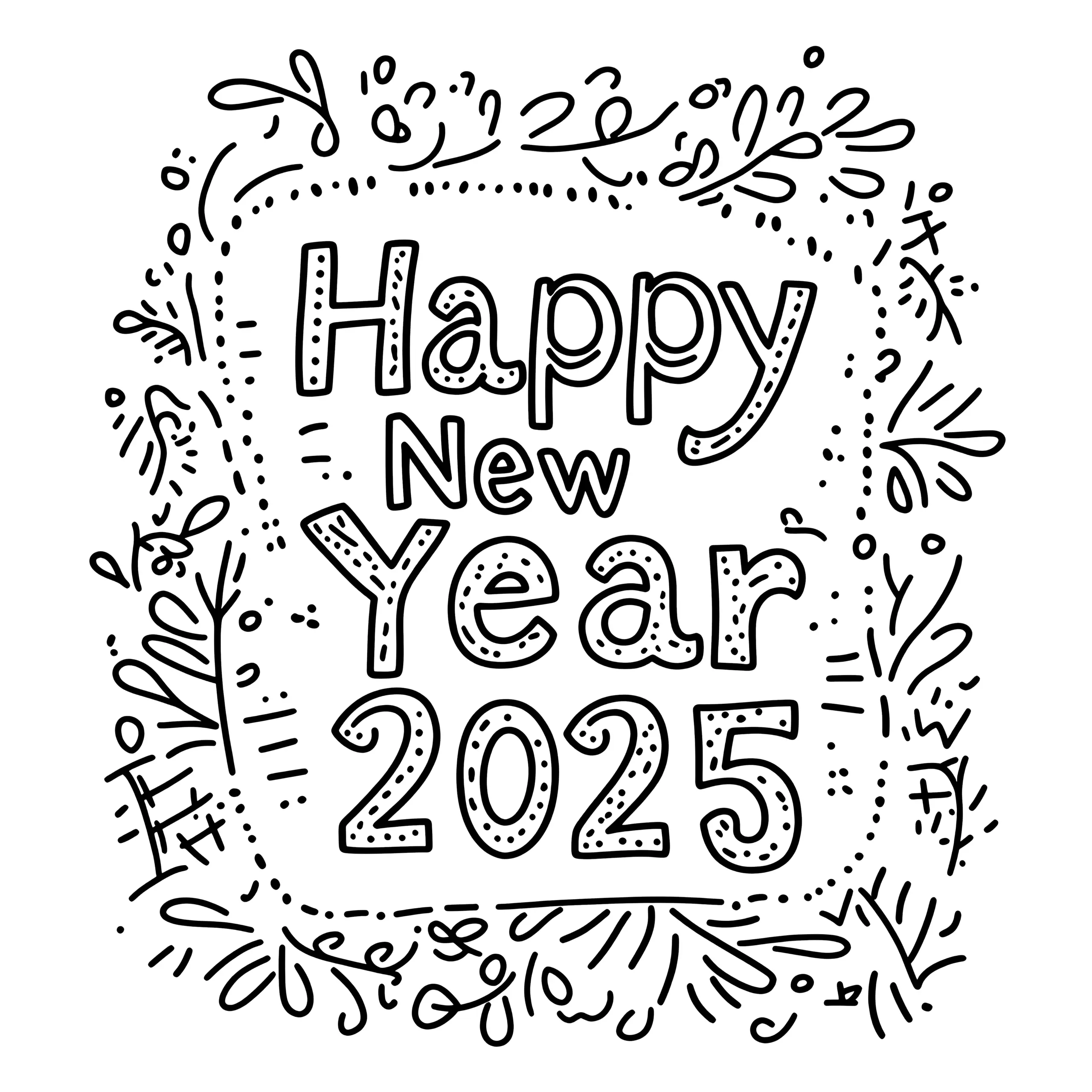 Happy New Year 2025: Ausmalbild