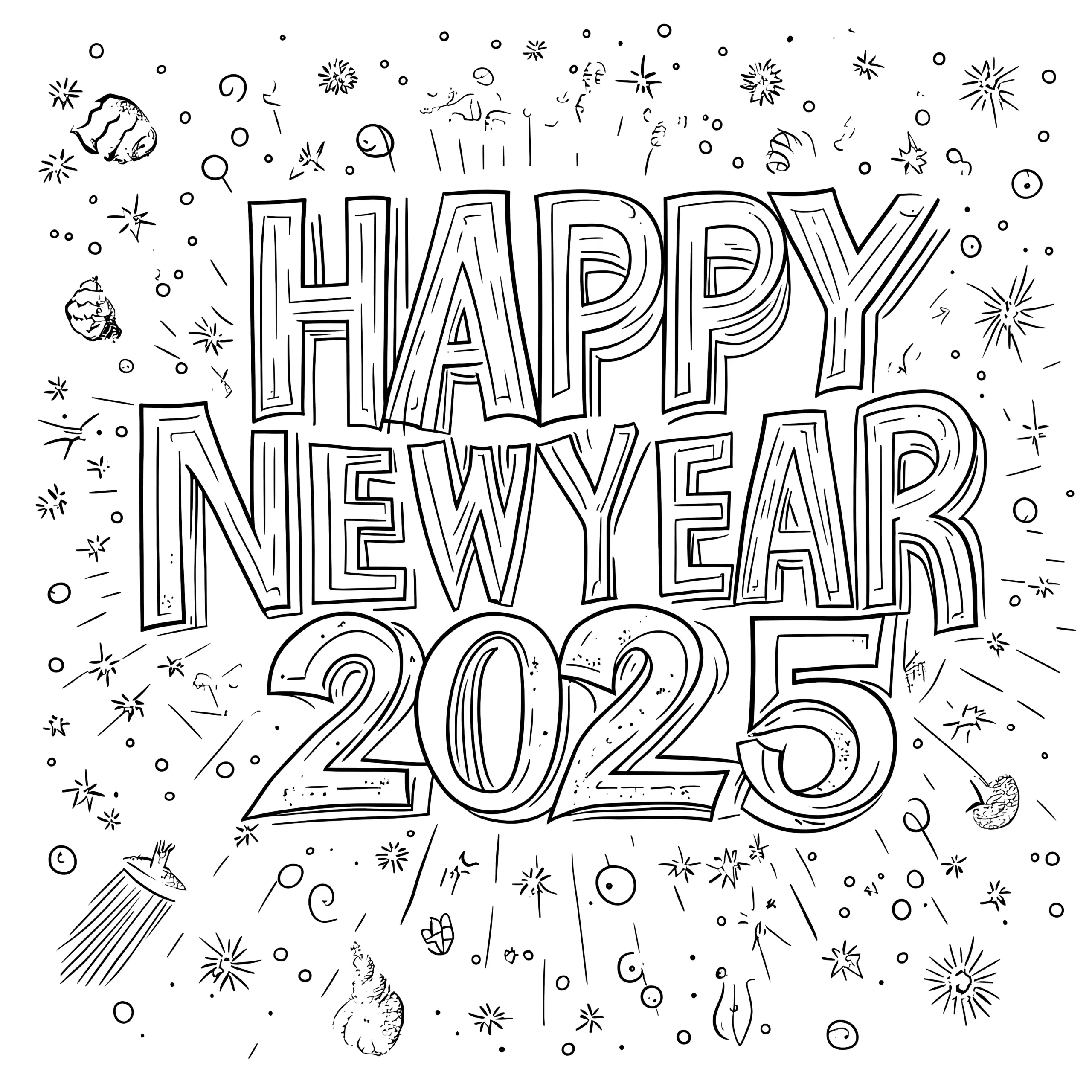Happy New Year 2025: gratis Ausmalbild