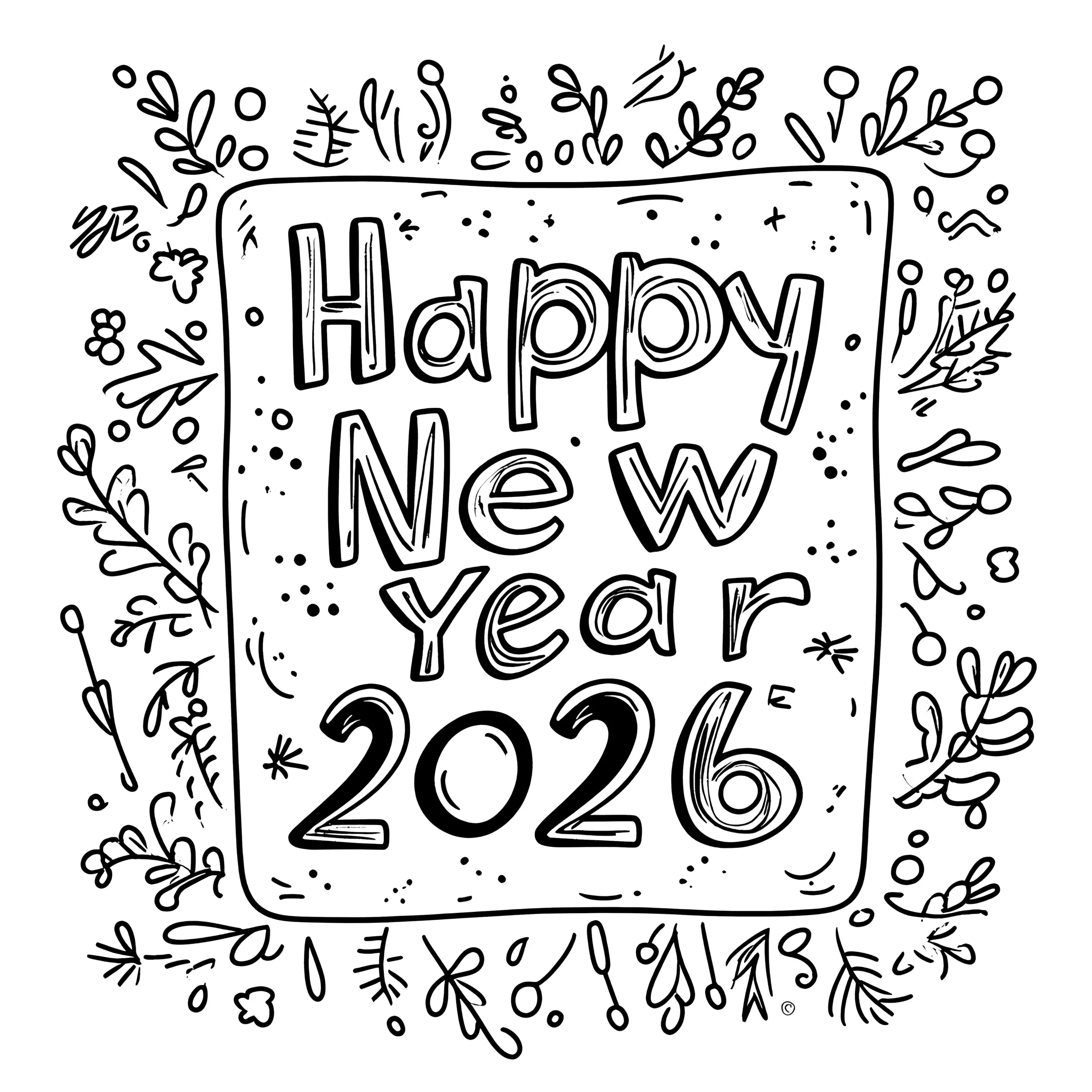 Happy New Year 2026: gratis Ausmalbild