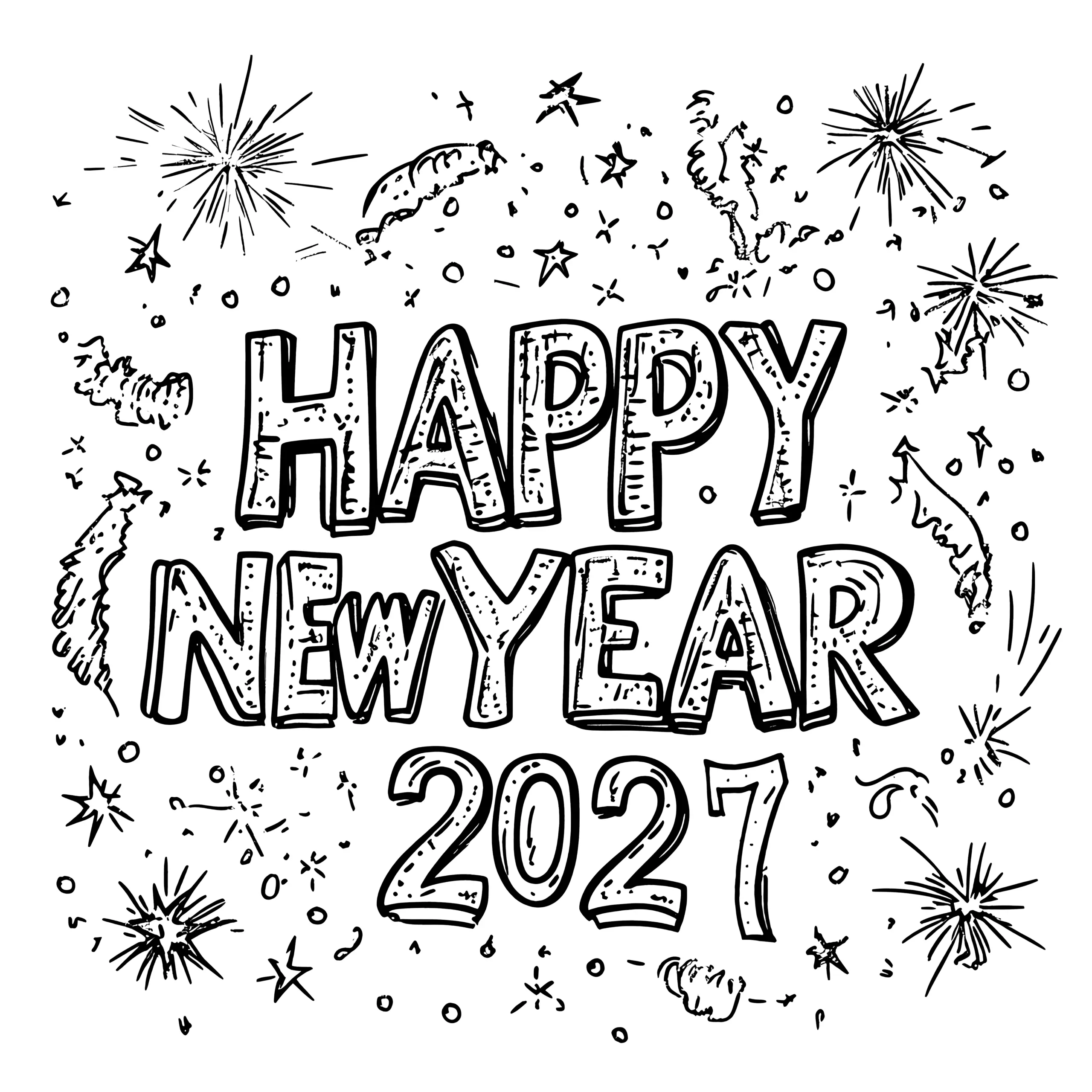 Happy New Year 2027: festlicher Schriftzug zum Ausmalen (Ausmalbild)