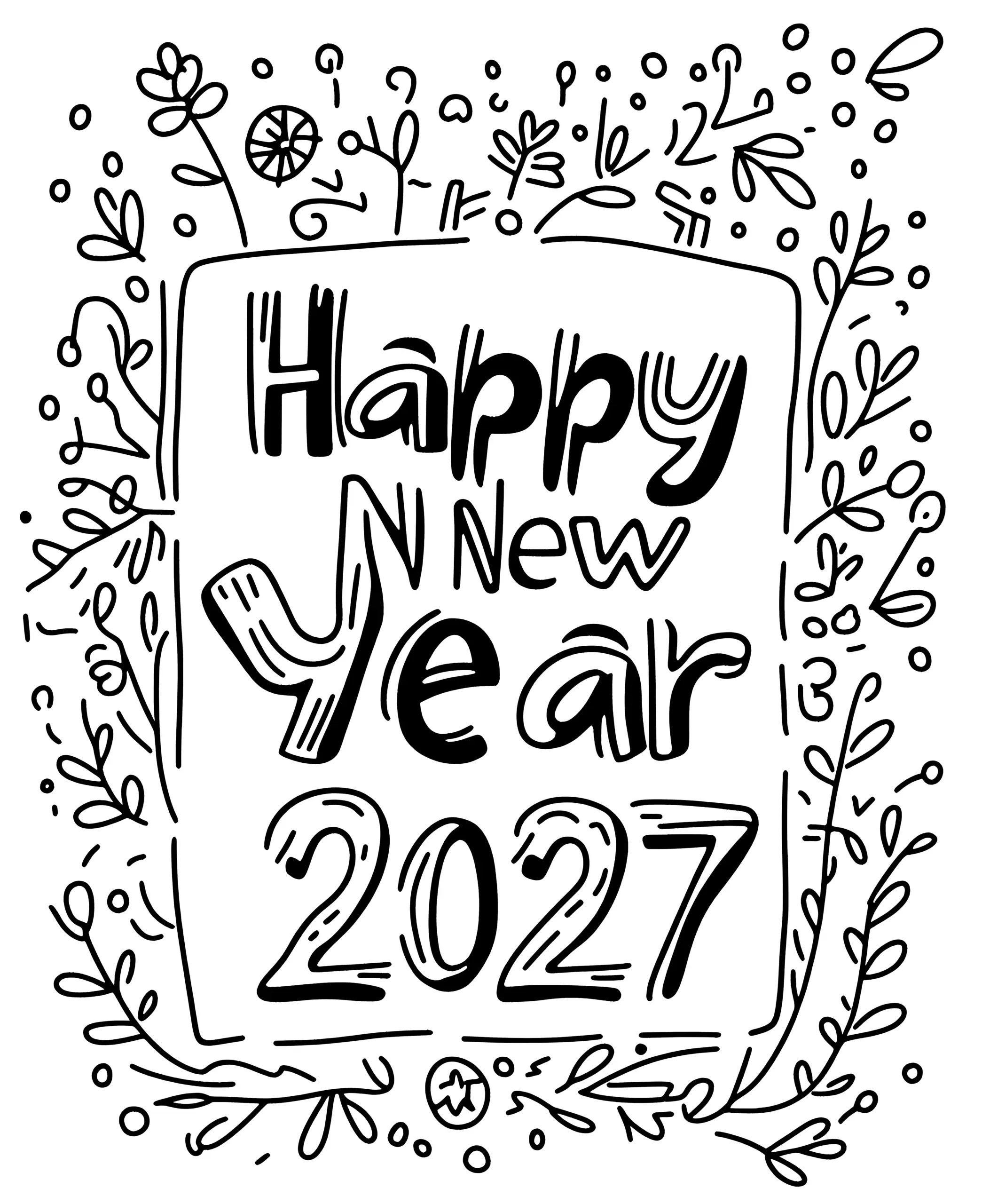 Happy New Year 2027: kostenloses Ausmalbild
