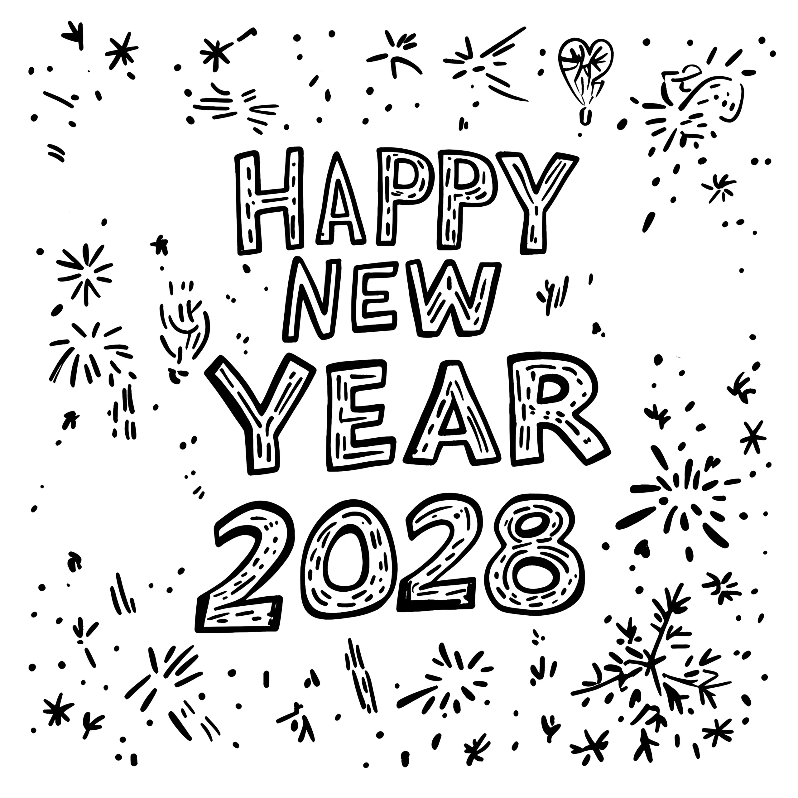 Happy New Year 2028: Bild zum Ausmalen (Ausmalbild)
