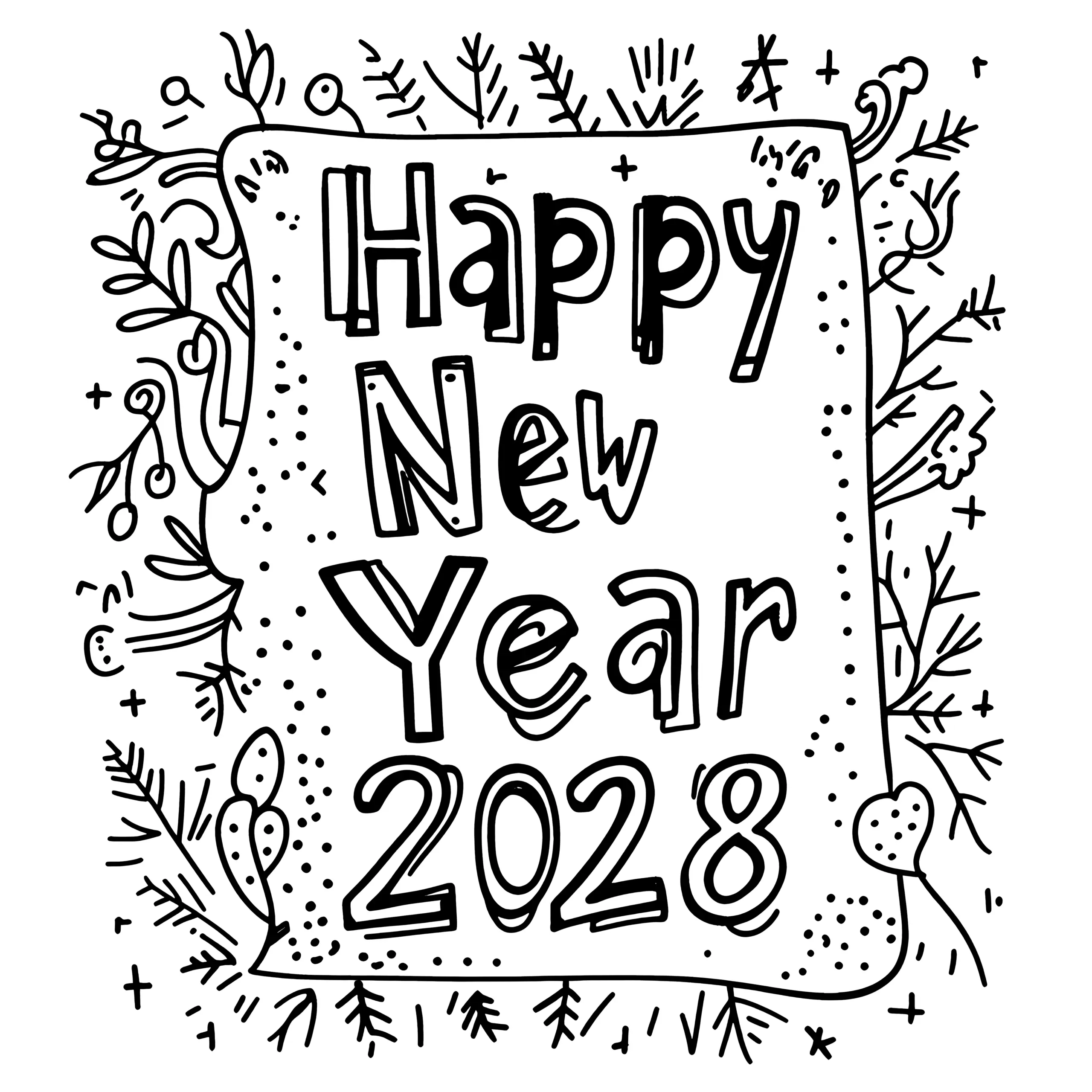 Happy New Year 2028: kostenloses Ausmalbild