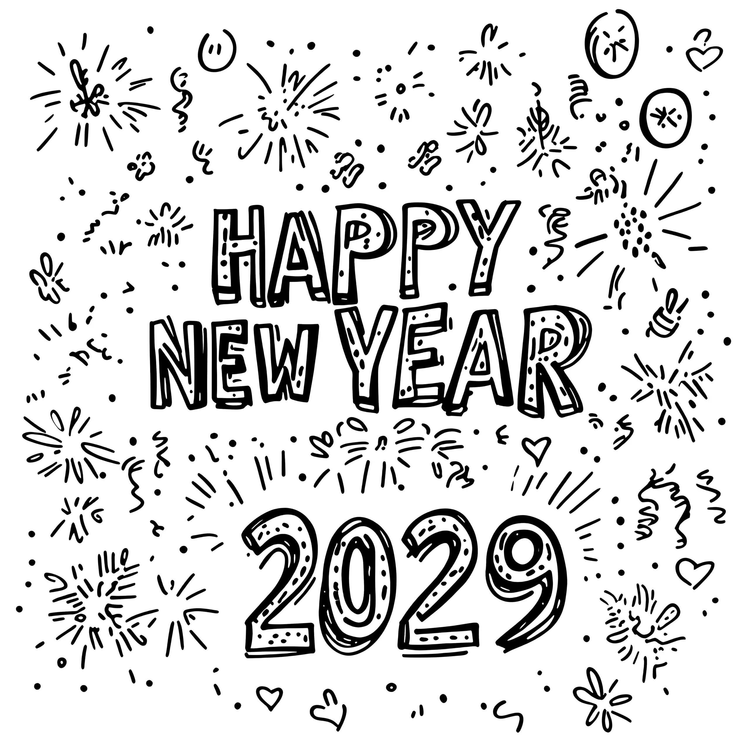 Happy New Year 2029: festlicher Schriftzug zum Ausmalen (Ausmalbild)