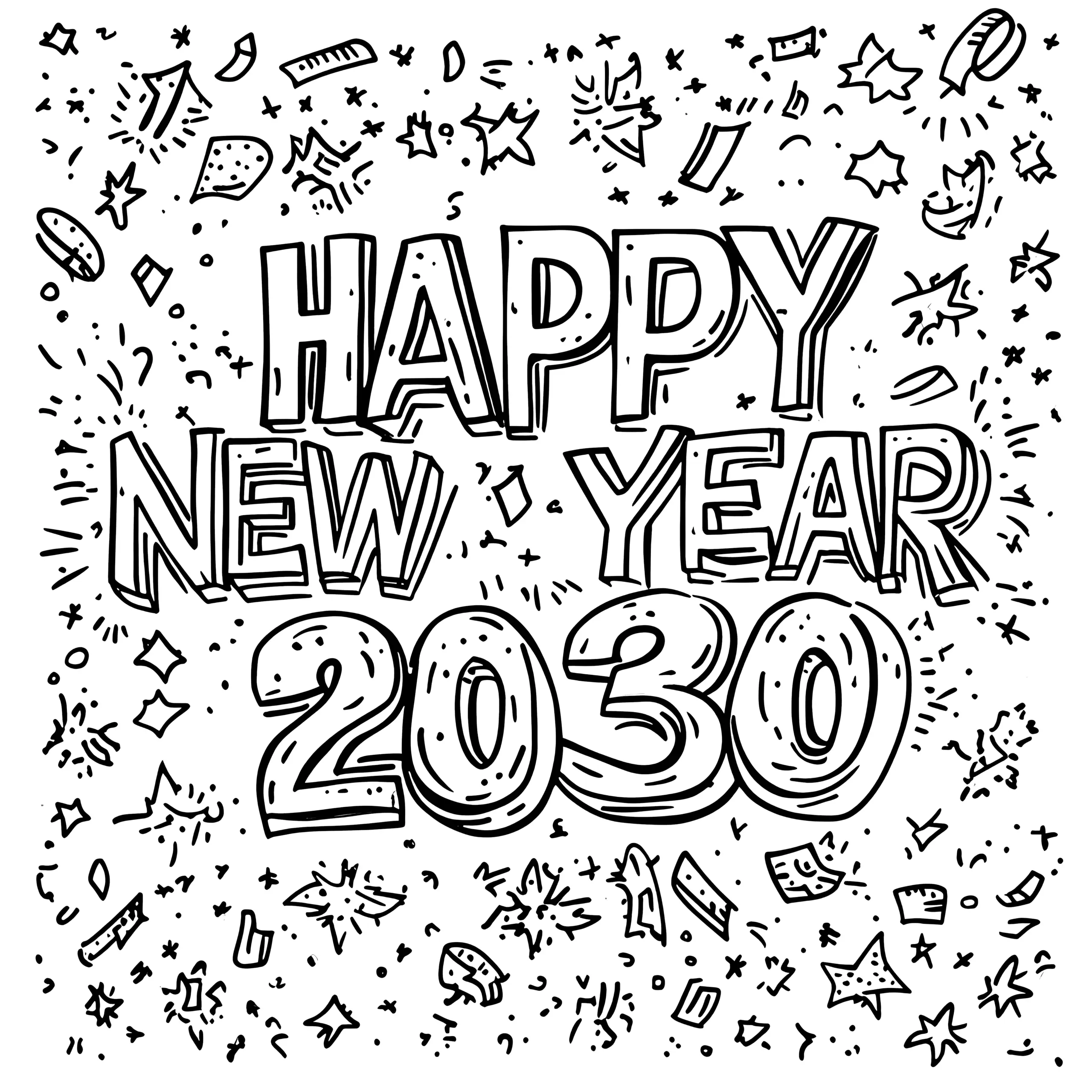Happy New Year 2030: festlicher Schriftzug zum Ausmalen (Ausmalbild)
