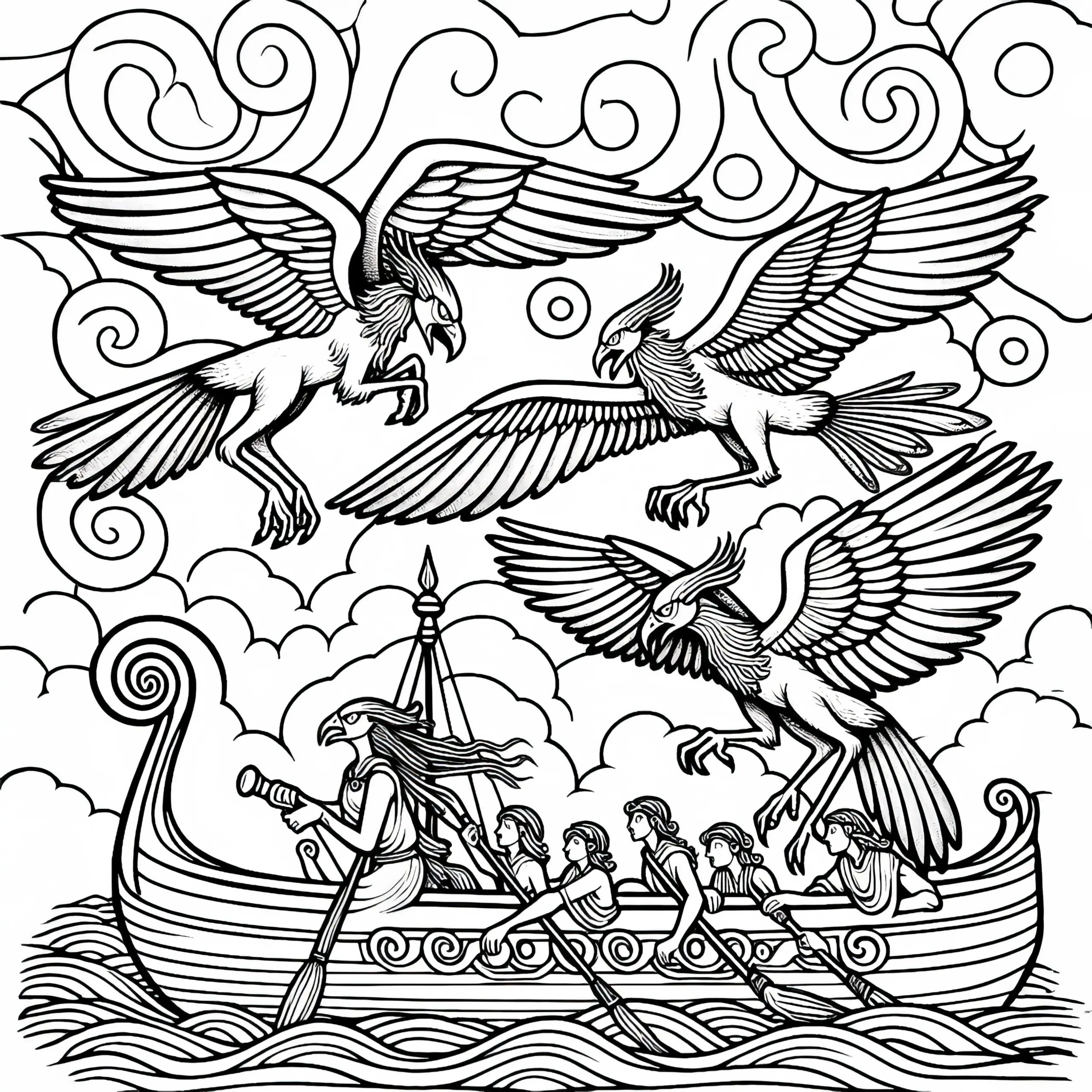 Harpyien kreisen über das Schiff und greifen die Crew an – Malvorlage kostenlos (Ausmalbild)