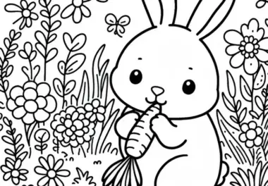 Hase knabbert an Karotte auf Wiese – Malvorlage kostenlos