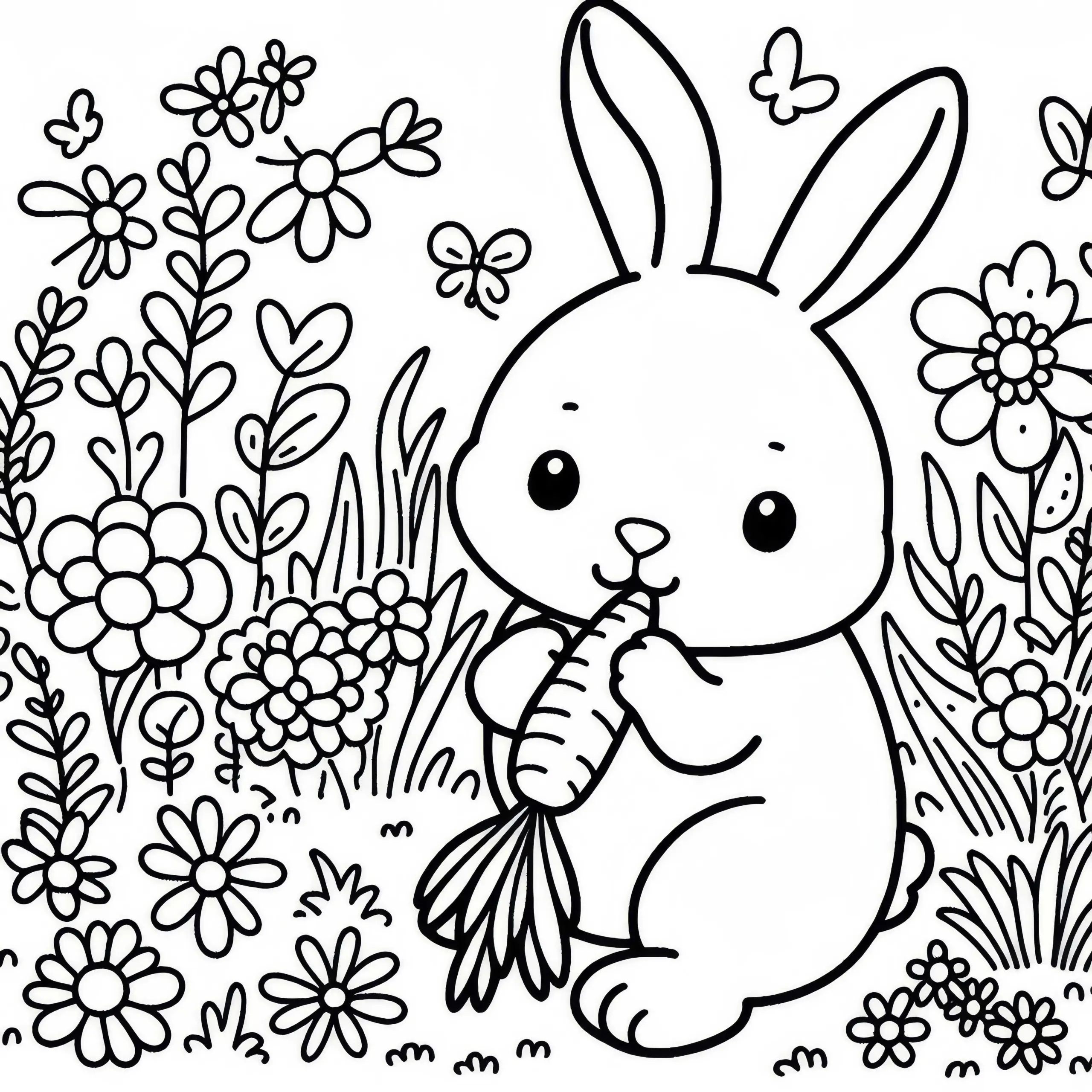 Hase knabbert an Karotte auf Wiese – Malvorlage kostenlos (Ausmalbild)