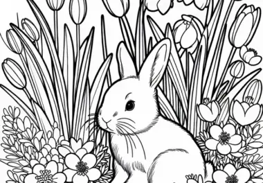 Hase sitzt zwischen ersten Frühlingsblumen – Malvorlage kostenlos