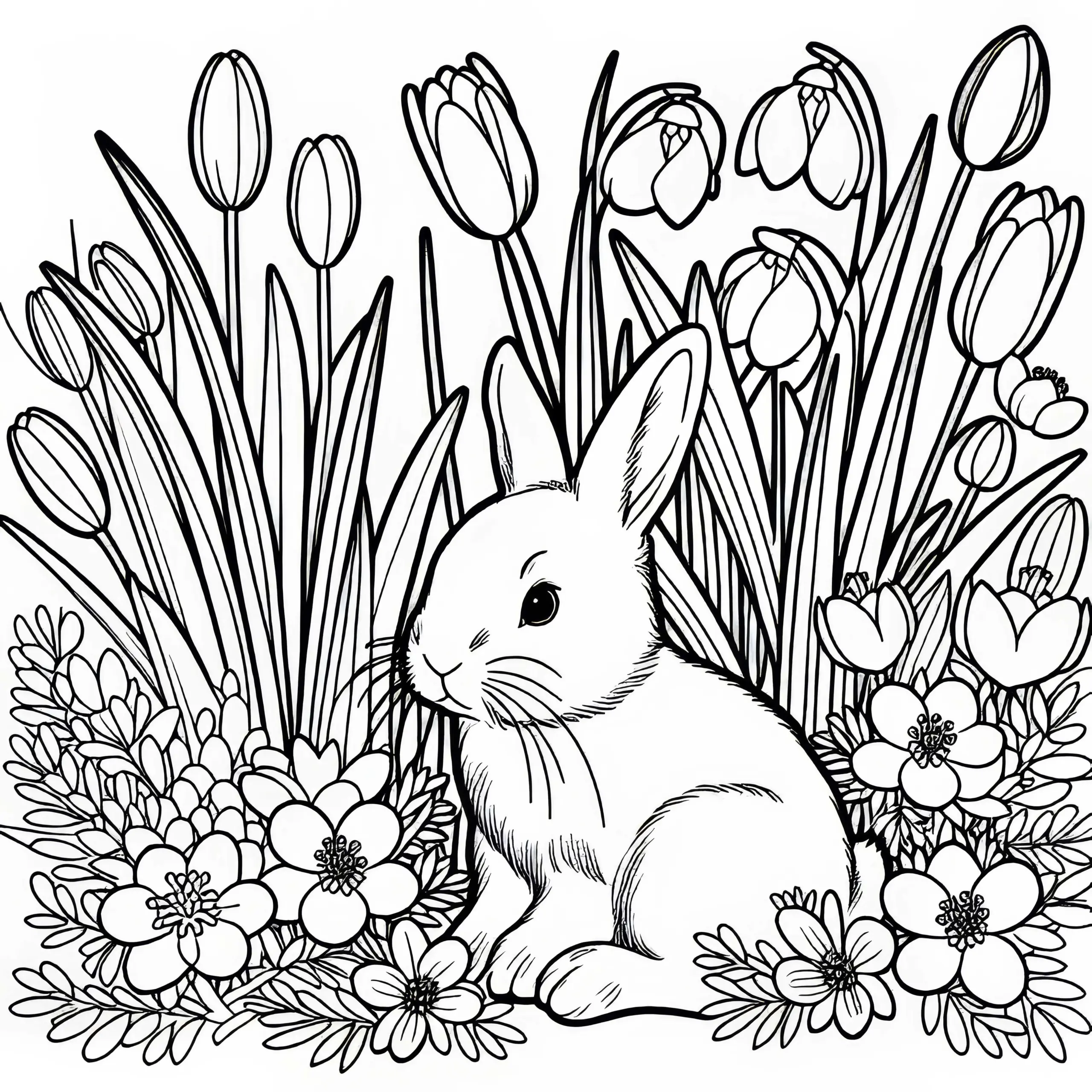 Hase sitzt zwischen ersten Frühlingsblumen – Malvorlage kostenlos (Ausmalbild)