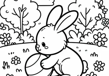 Hase spielt mit Ball im Garten – Ausmalbild gratis