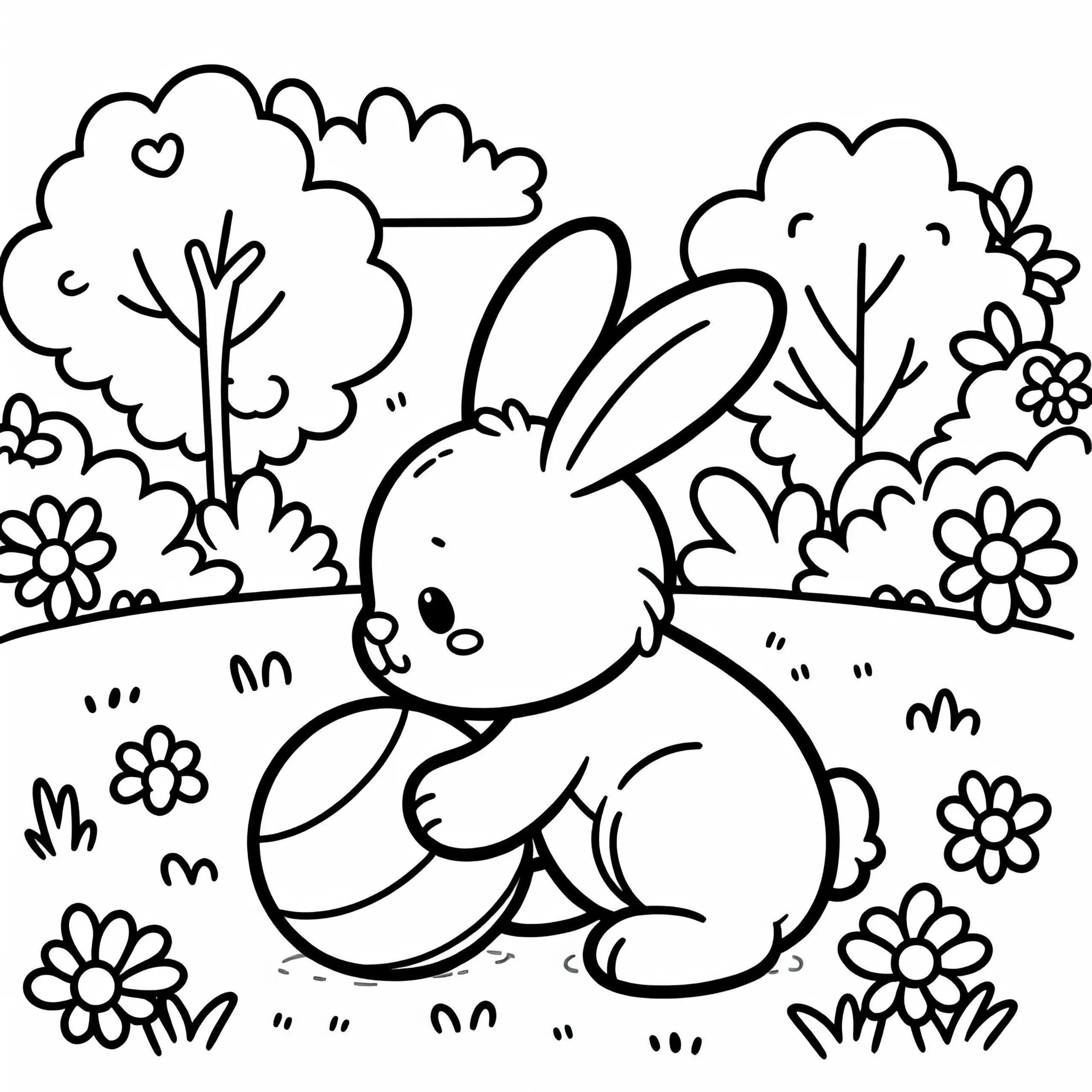 Hase spielt mit Ball im Garten – Ausmalbild gratis