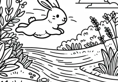 Hase springt über Bach – kostenlose Malvorlage