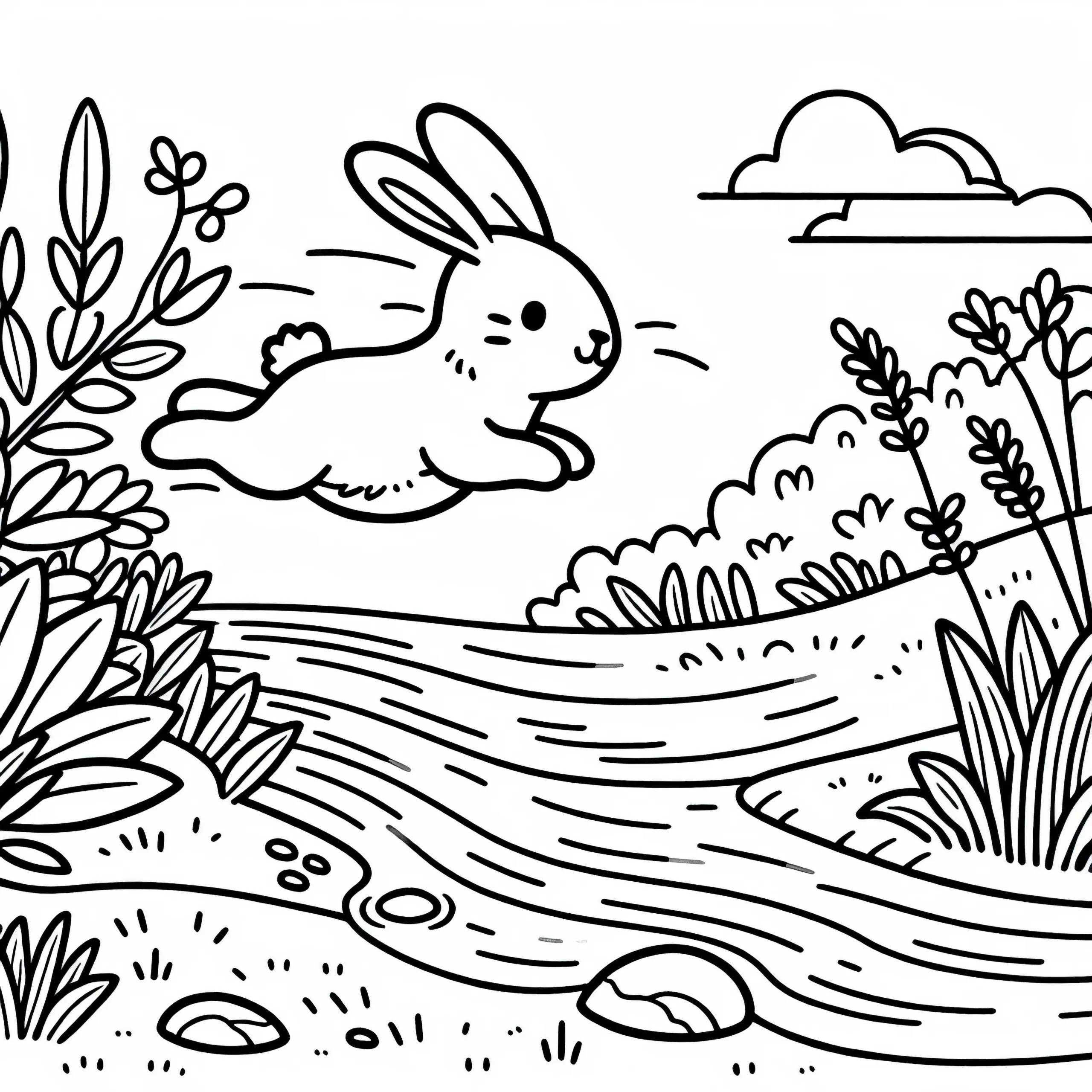 Hase springt über Bach – kostenlose Malvorlage (Ausmalbild)