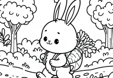 Hase trägt Rucksack auf Pfad durch die Natur – Ausmalbild kostenlos