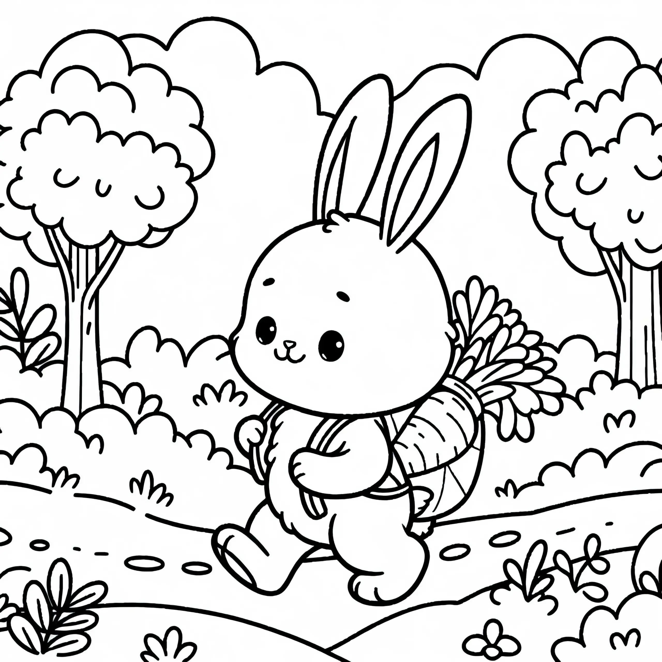 Hase trägt Rucksack auf Pfad durch die Natur – Ausmalbild kostenlos
