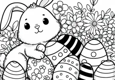 Hase versteckt sich zwischen Ostereiern – Malvorlage kostenlos