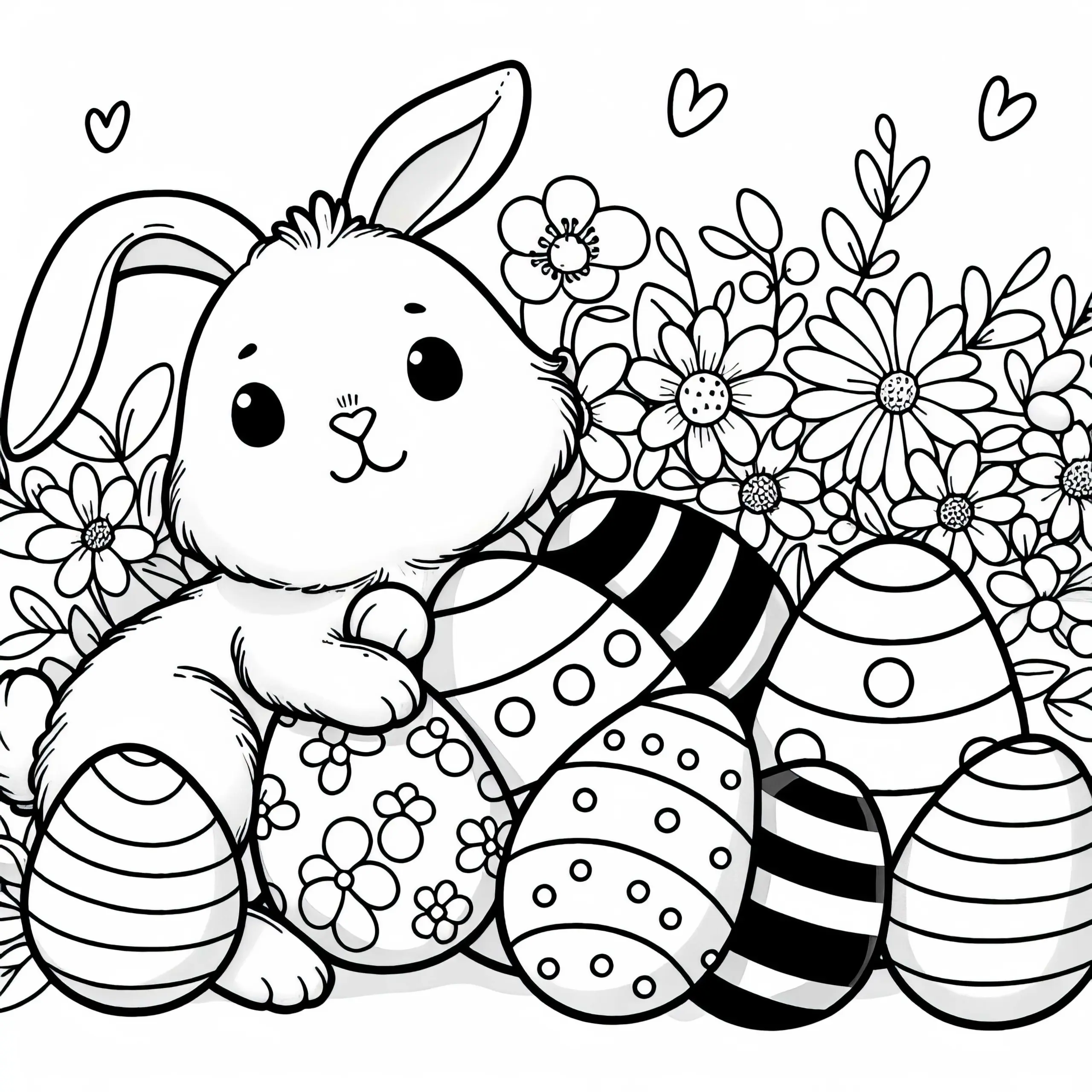 Hase versteckt sich zwischen Ostereiern – Malvorlage kostenlos (Ausmalbild)