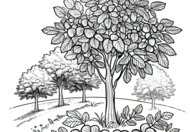 Ausmalbild vom Haselnussbaum in der Landschaft – Kostenlos herunterladen